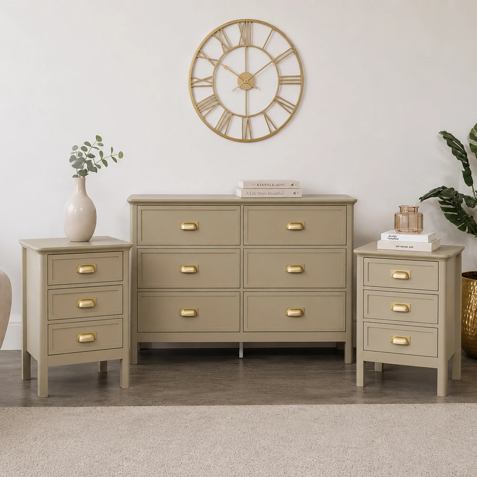 Specialty Large 6 Drawer Chest of Drawers and Pair of Bedside Tables - Lawrence Taupe Range Elite