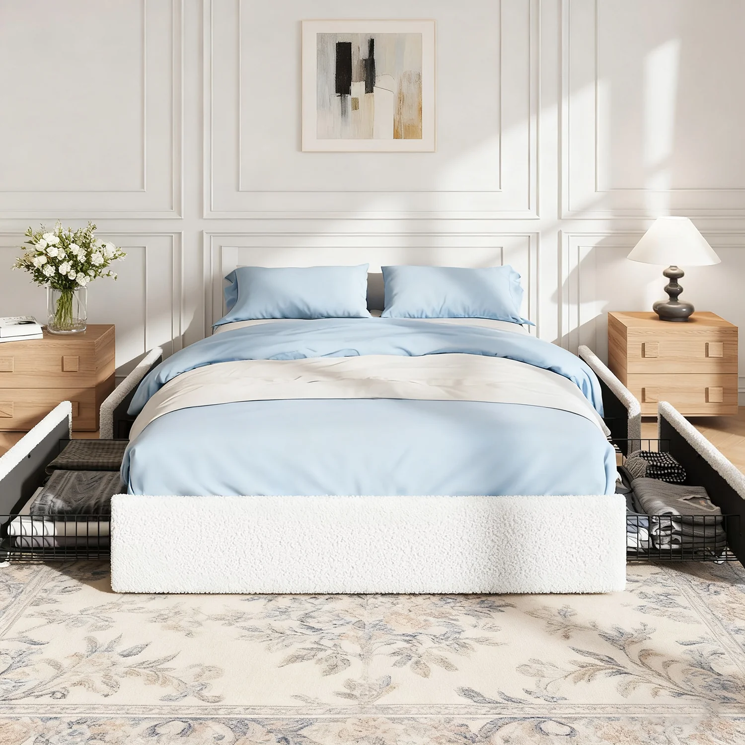 Sustainable Soft Teddy Boucle Upholstered Platform Bed Frame with 4 Storage Drawers Noise- No Box Spring Needed Easy AssemblySoft Teddy Boucle Upholstered Platform Bed Frame with 4 Storage Drawers Noise- No Box Spring Needed Easy Assembly Versatile