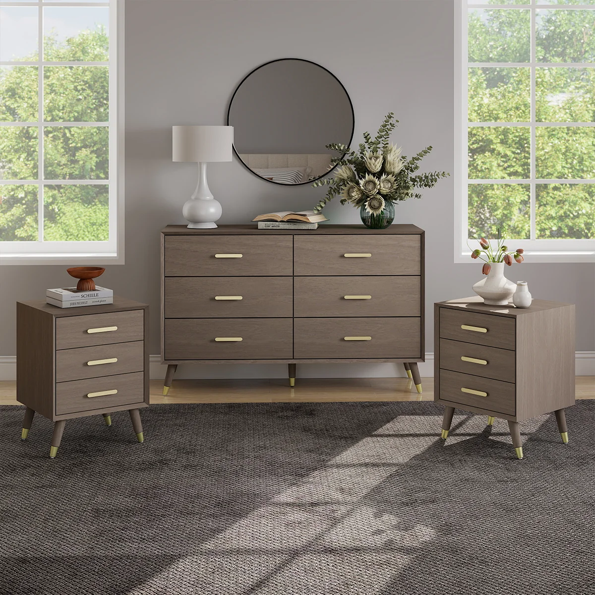 Artisan 6 Drawer Chest Of Drawers Pair of 3 Drawer Bedside Tables - Oslo Dark Wood Range Refined