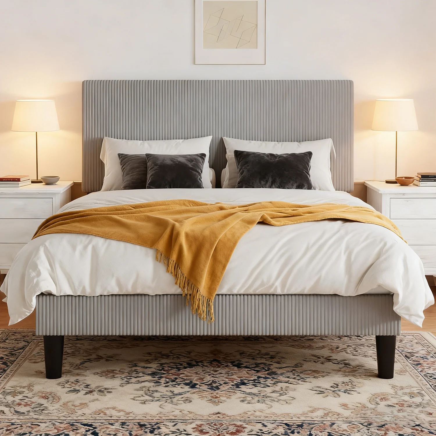 Breathable Upholstered Platform Bed Frame with Vertical Channel Tufted Headboard Soft Corduroy Fabric Wood Slat SupportUpholstered Platform Bed Frame with Vertical Channel Tufted Headboard Soft Corduroy Fabric Wood Slat Support Enhanced