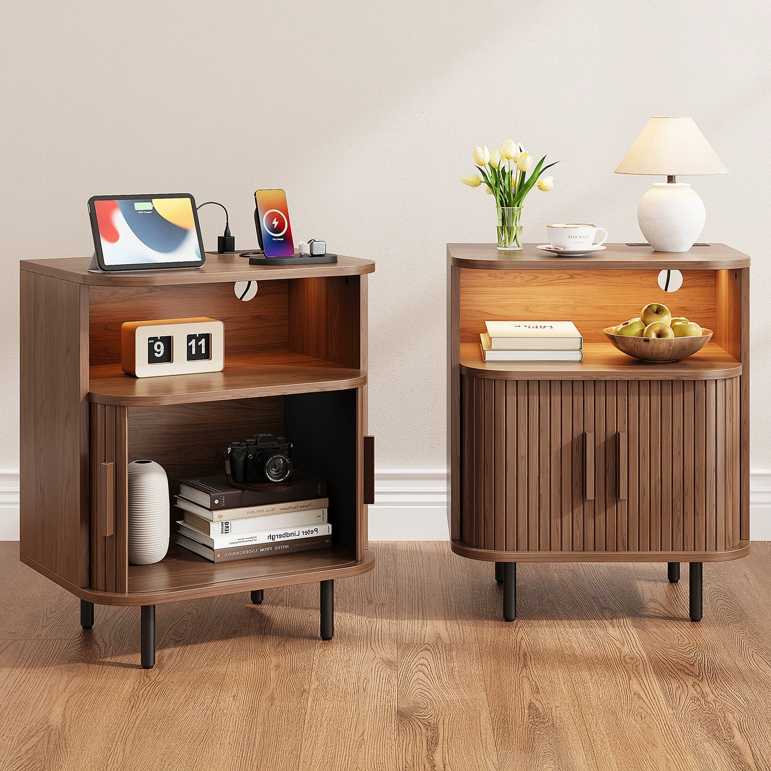 Specialty LED Nightstand with Charging Station Fluted Bedside Table with Open Shelf Sliding DoorLED Nightstand with Charging Station Fluted Bedside Table with Open Shelf Sliding Door Versatile