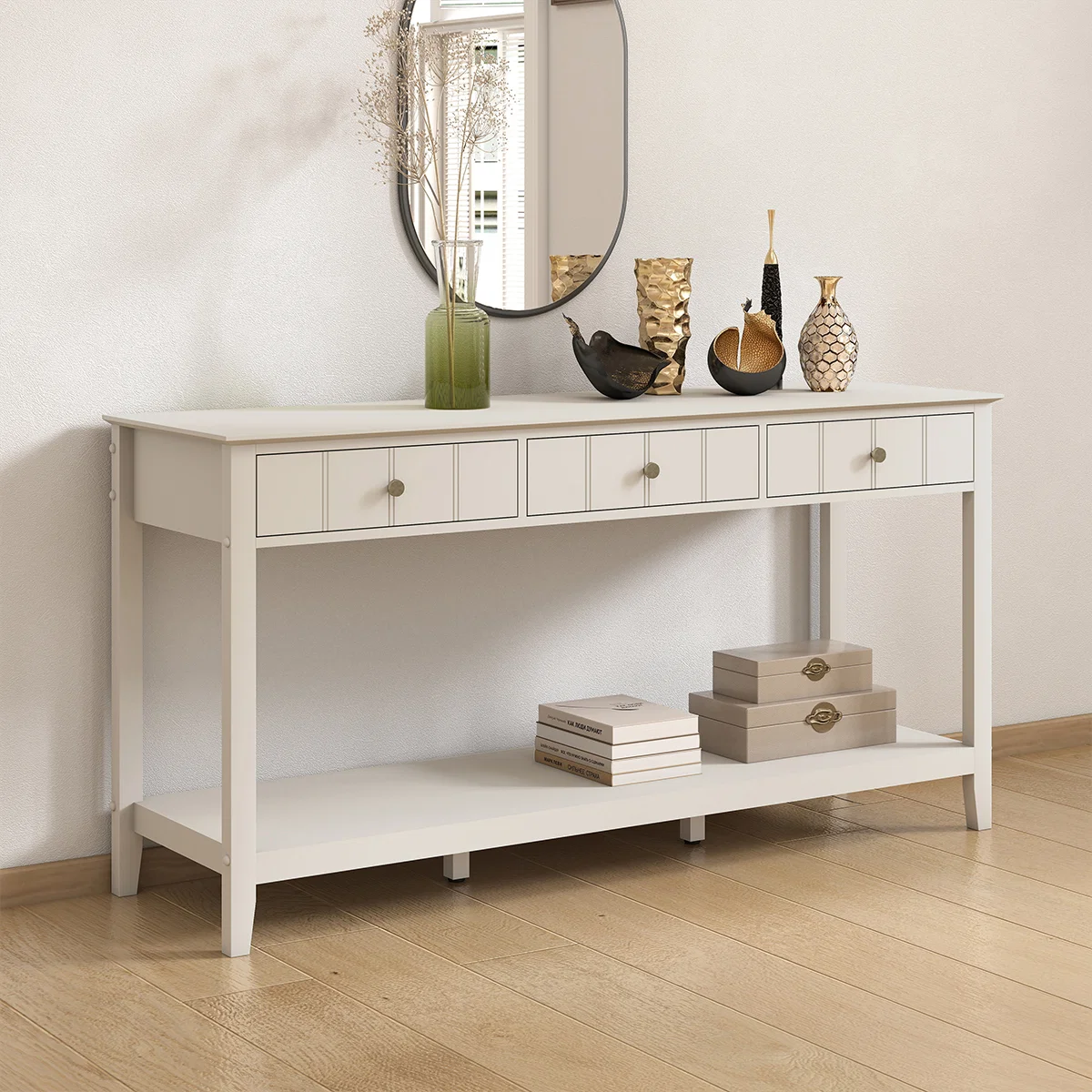 Solid Large 3 Drawer Console Table with Shelf - Padstowe Ivory Range Expertly Made