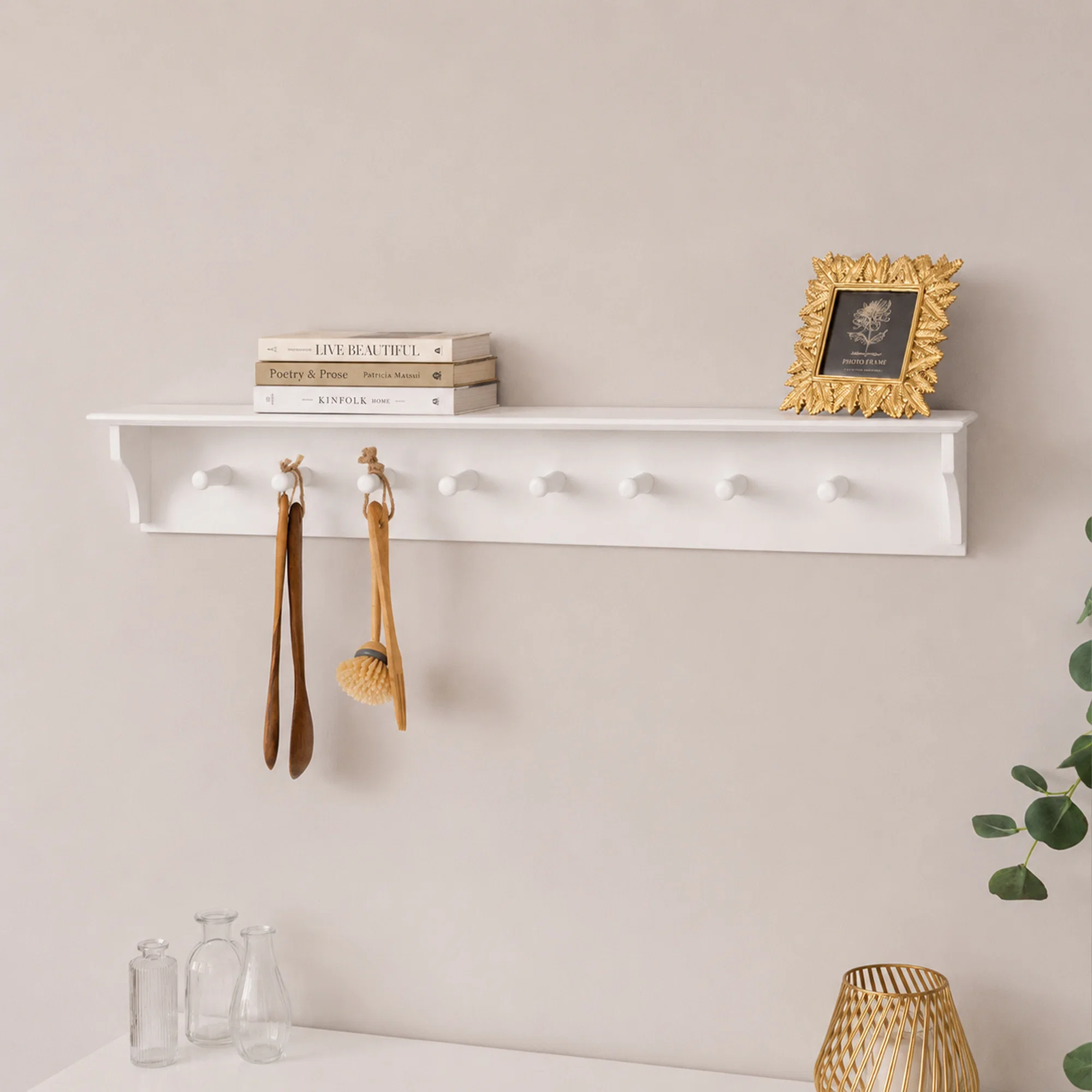 Refined Large White Washed Mango Wooden Wall Shelf with Hooks - 100cm Smart