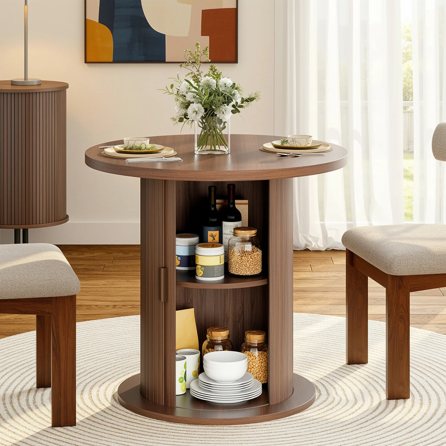 Quality Discontinued Round Dining Table for 2 with Built-In Storage 31.5 Small Kitchen Table with Sliding Tambour Door and Wood Strip Base Discontinued Round Dining Table for 2 with Built-In Storage 31.5 Small Kitchen Table with Sliding Tambour Door and Wood Strip Base Powerful