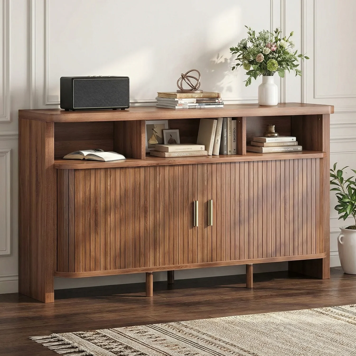 Refined 55 Walnut Sideboard Buffet Cabinet with Sliding Door Fluted Mid-Century Modern Credenza Coffee Bar Cabinet with Storage55 Walnut Sideboard Buffet Cabinet with Sliding Door Fluted Mid-Century Modern Credenza Coffee Bar Cabinet with Storage Proven
