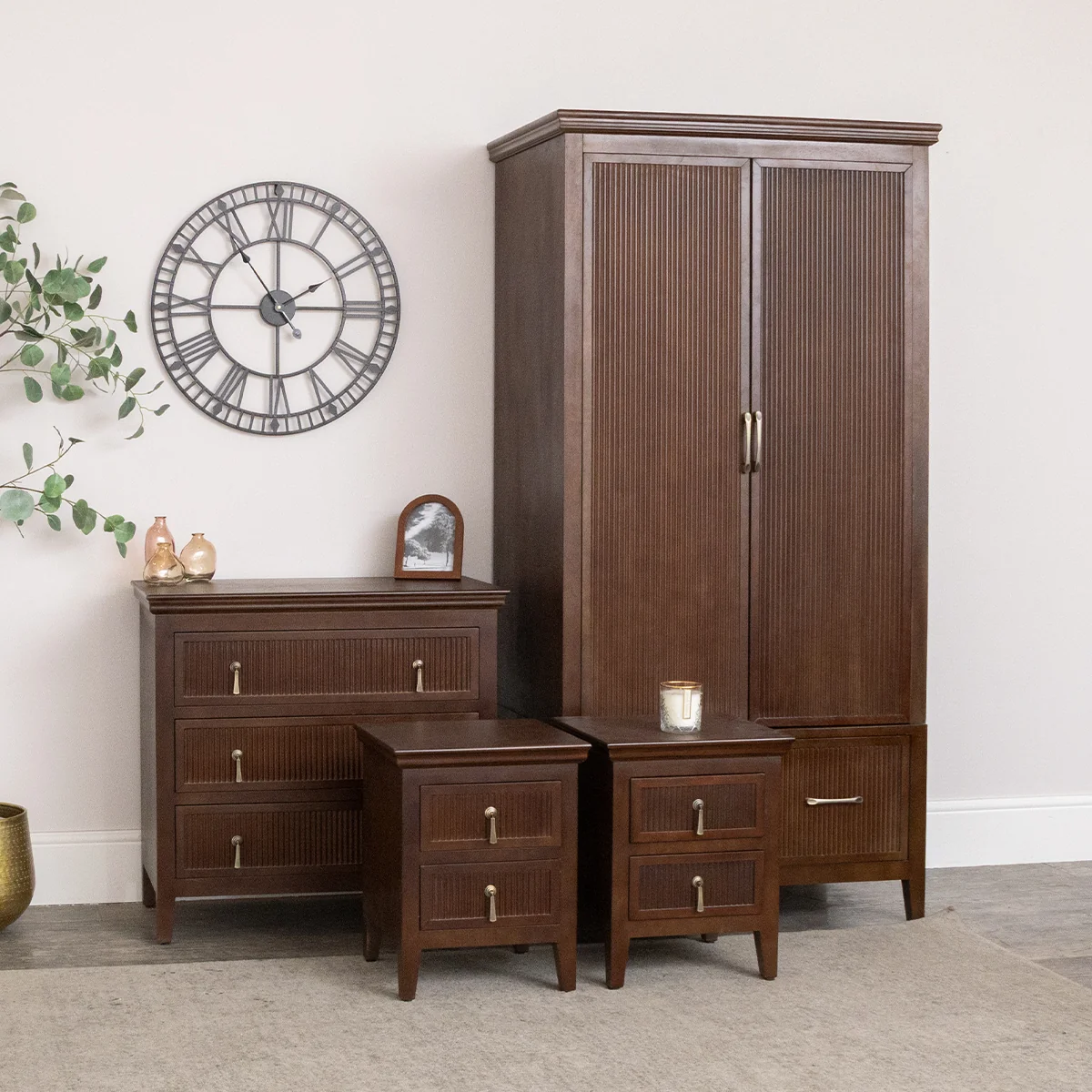 Carefully Designed Dark Wood Reeded Wardrobe 3 Drawer Chest of Drawers and Pair of 2 Drawer Bedside Tables - Georgian Range Exceptional