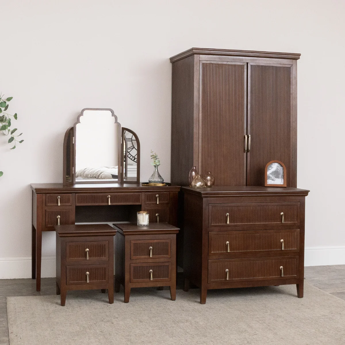 Durable Dark Wood Reeded Wardrobe Dressing Table Mirror Set Chest of 3 Drawers Pair of Bedside Tables - Georgian Range Crafted
