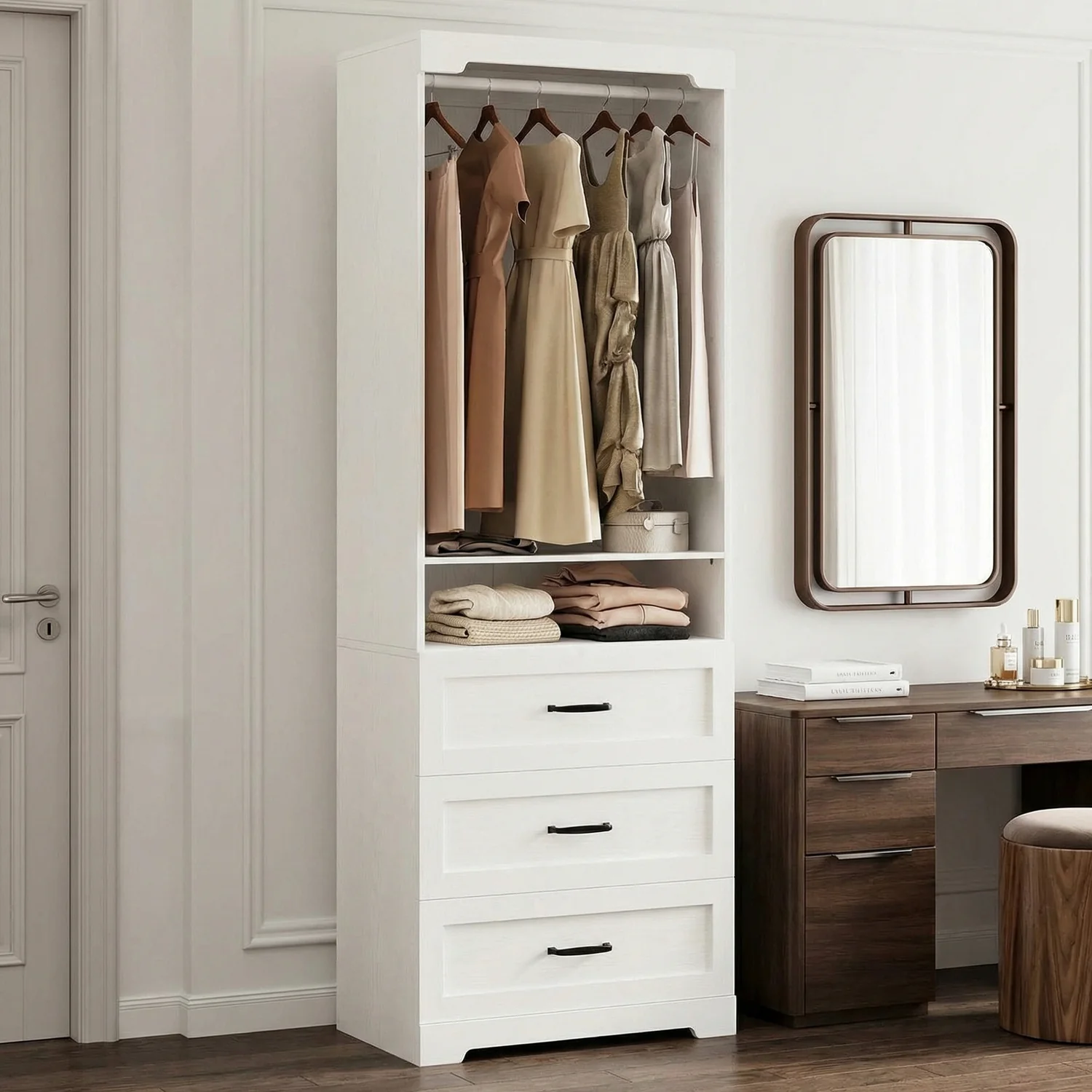 Natural standing Closet System with 3 Wood Drawers Adjustable Shelves Hanging Rod Modern Armoire Wardrobe for Small Closetsstanding Closet System with 3 Wood Drawers Adjustable Shelves Hanging Rod Modern Armoire Wardrobe for Small Closets Prestigious