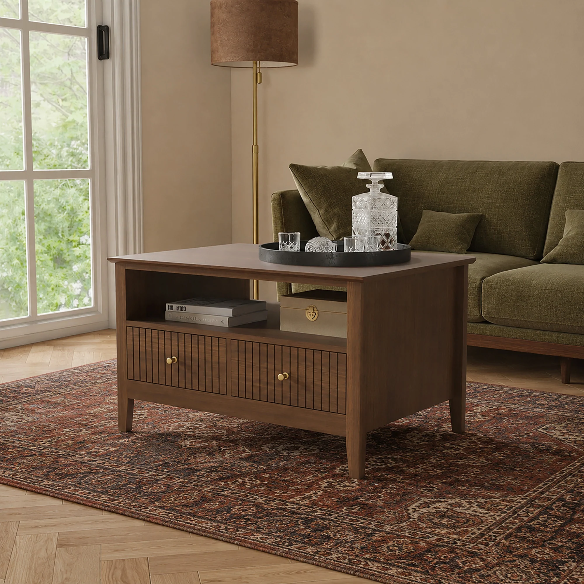 Original Fluted Four Drawer One Shelf Coffee Table - Hales Dark Wood Range Clean
