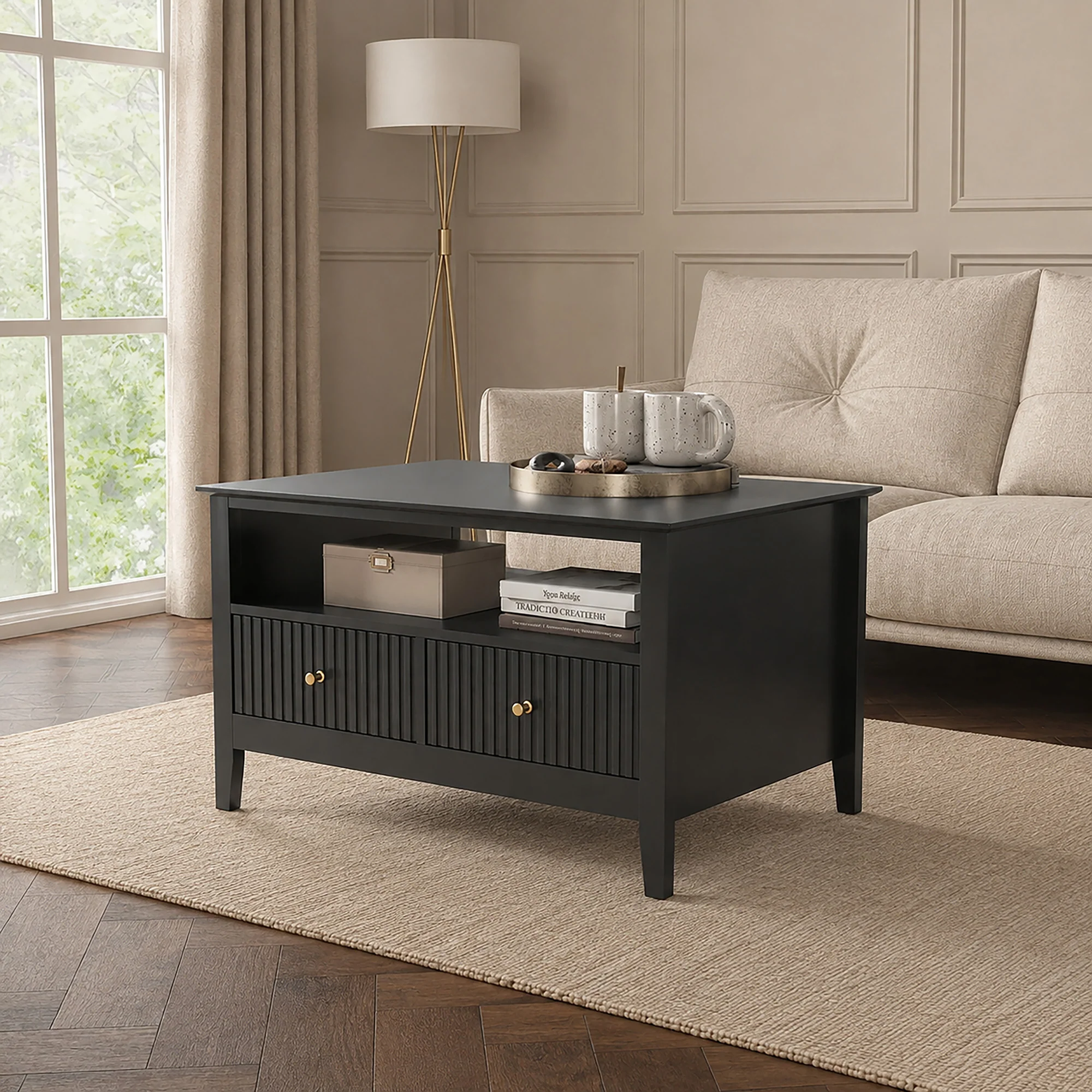 Excellent Fluted Four Drawer One Shelf Coffee Table - Hales Black Range Next-Generation