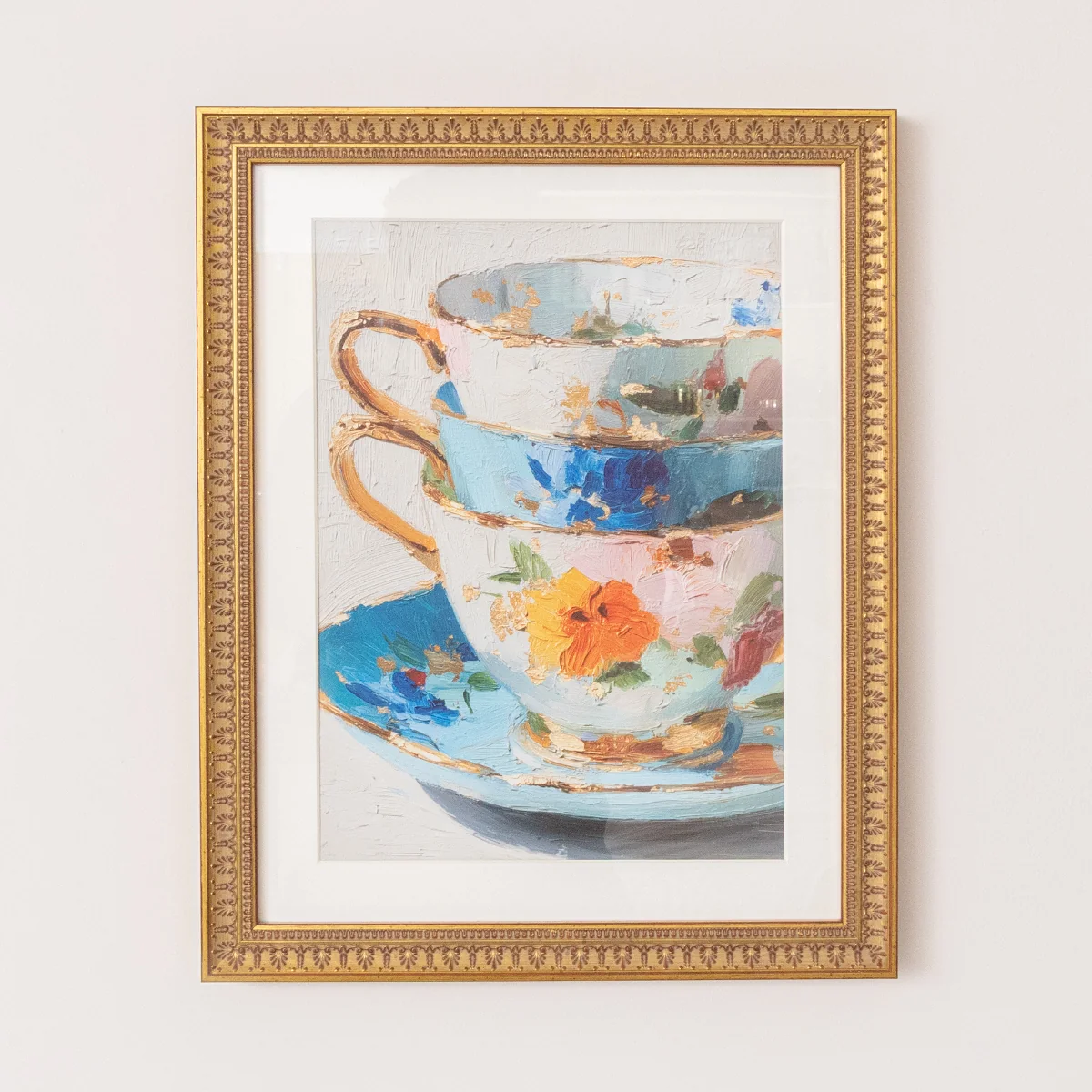 Original Multicoloured Teacup Wall Art with A Vintage Gold Frame - 40cm x 50cm Classic