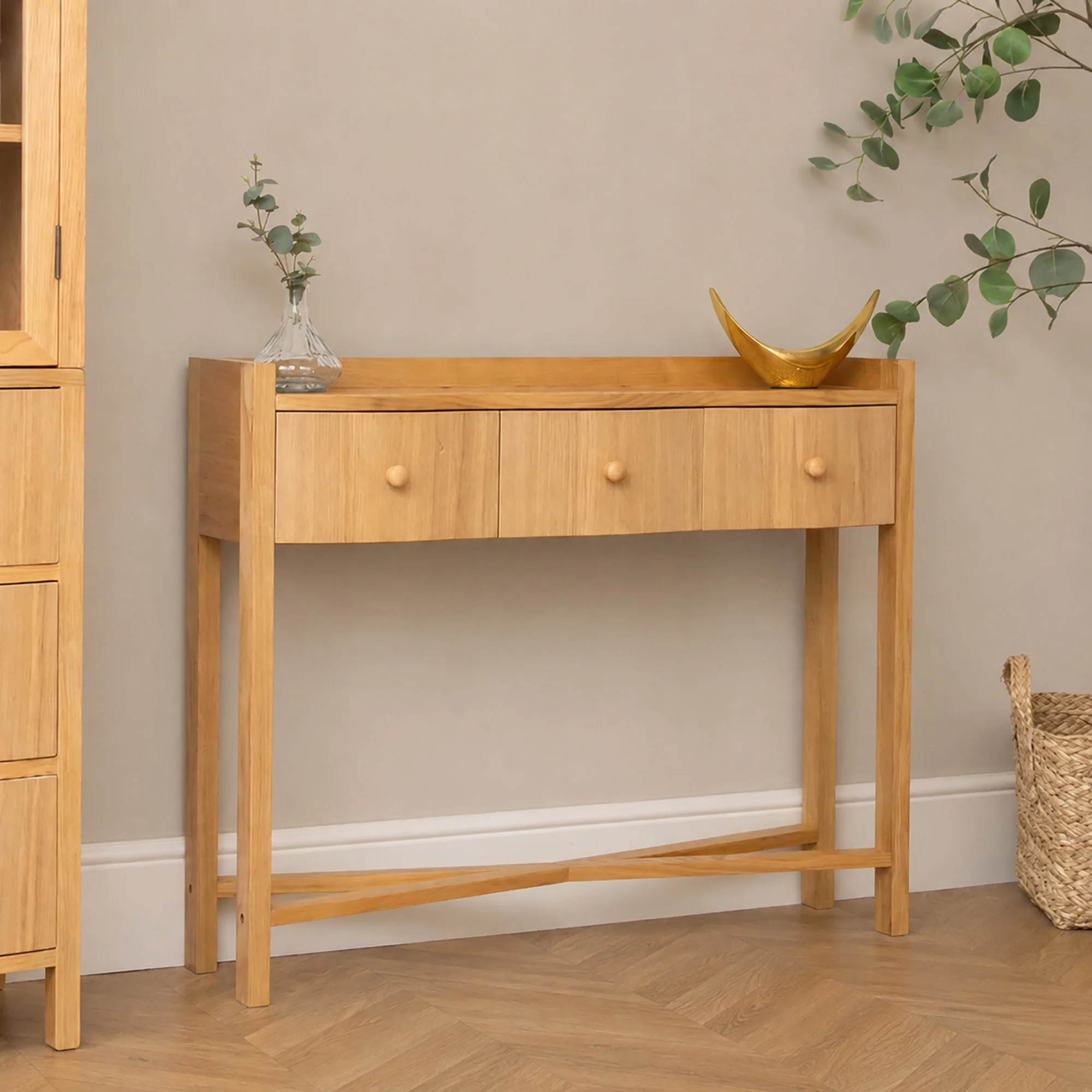 Functional Pale Wood Curved 3 Drawer Console Table with Hessian Glass Top - Austin Wood Range Specialty
