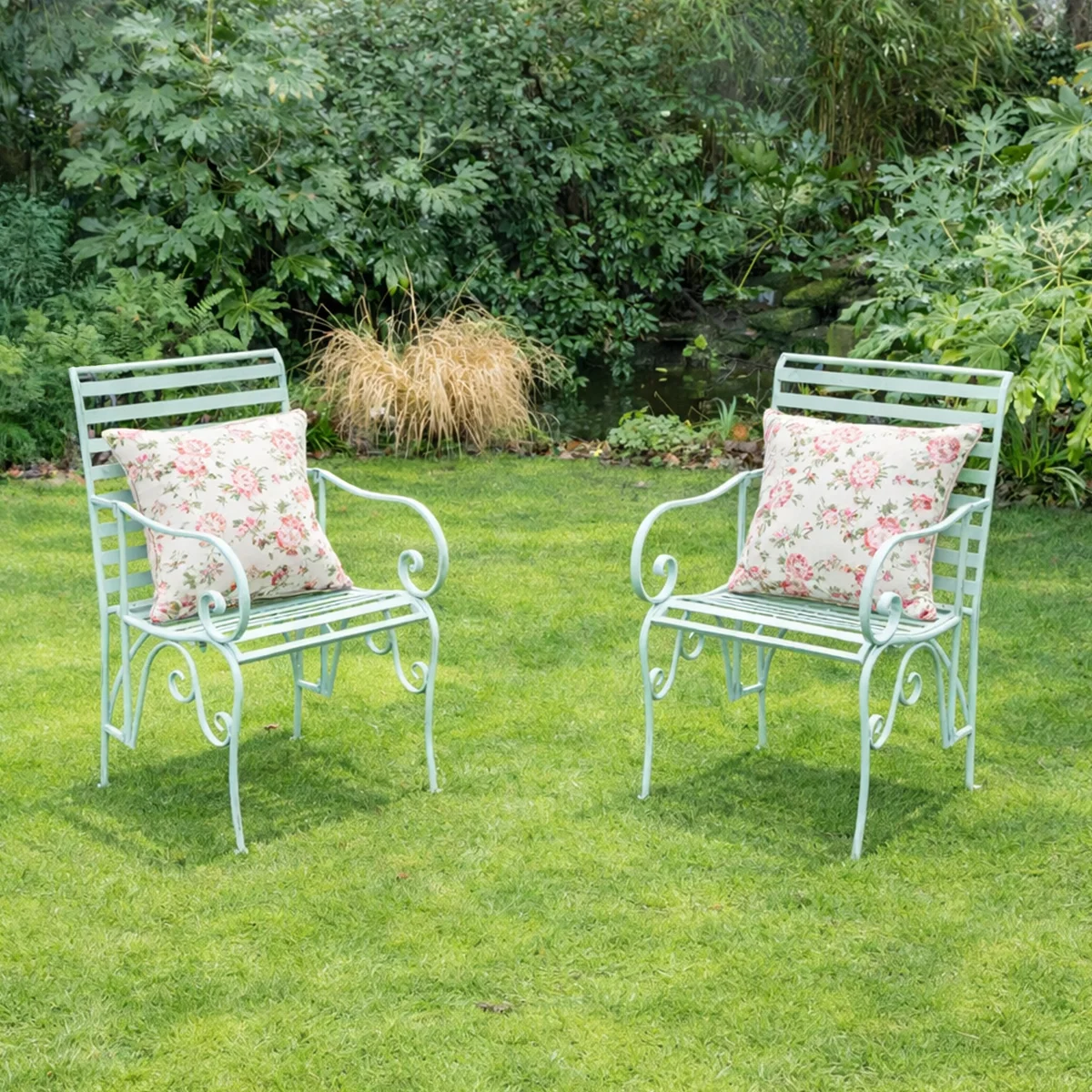 Convenient Set of 2 Ornate Metal Sage Green Garden Chairs - 55cm x 92cm Trusted