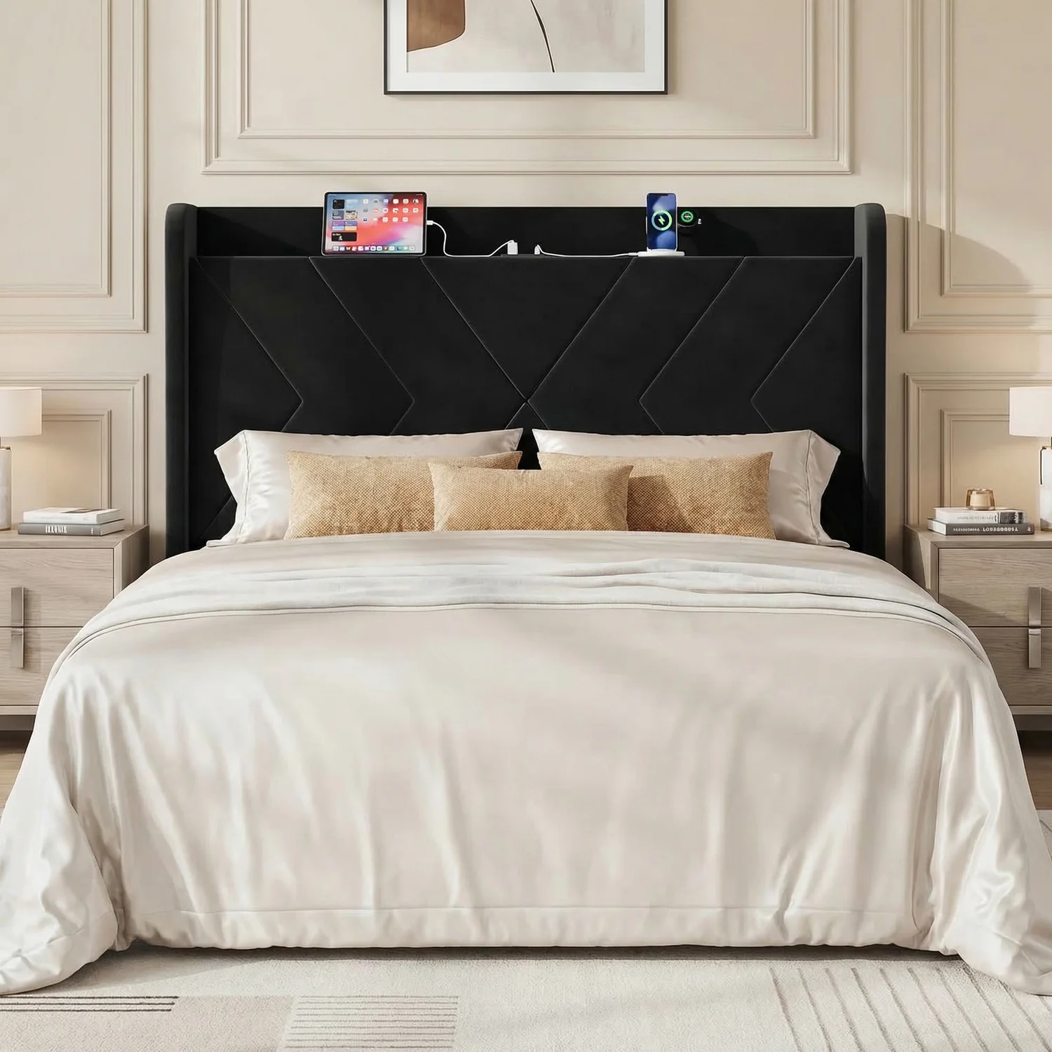Outstanding Velvet Upholstered Platform Bed Frame with Charging Station Storage Headboard and Wood Slat SupportVelvet Upholstered Platform Bed Frame with Charging Station Storage Headboard and Wood Slat Support High-Quality