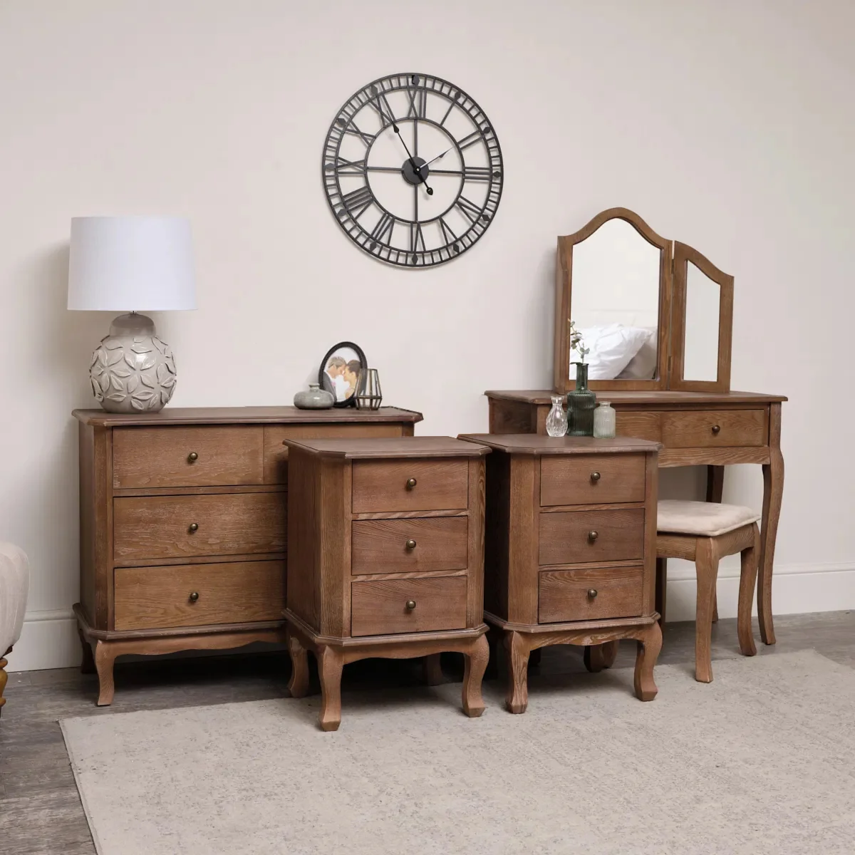 Eco-Friendly Dressing Table Set Chest of 4 Drawers Pair of Bedside Tables - Ashwell Range Green