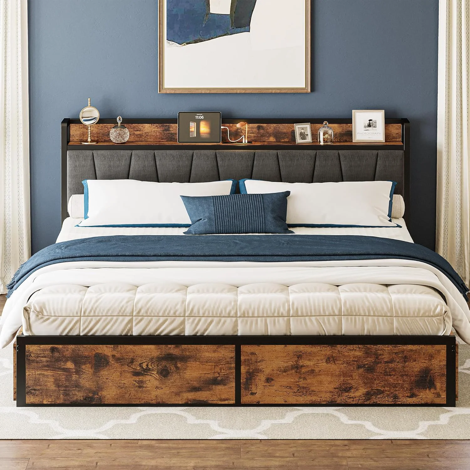 Easy-to-Use California King Platform Bed Frame with Storage Drawers and Charging HeadboardCalifornia King Platform Bed Frame with Storage Drawers and Charging Headboard Reusable