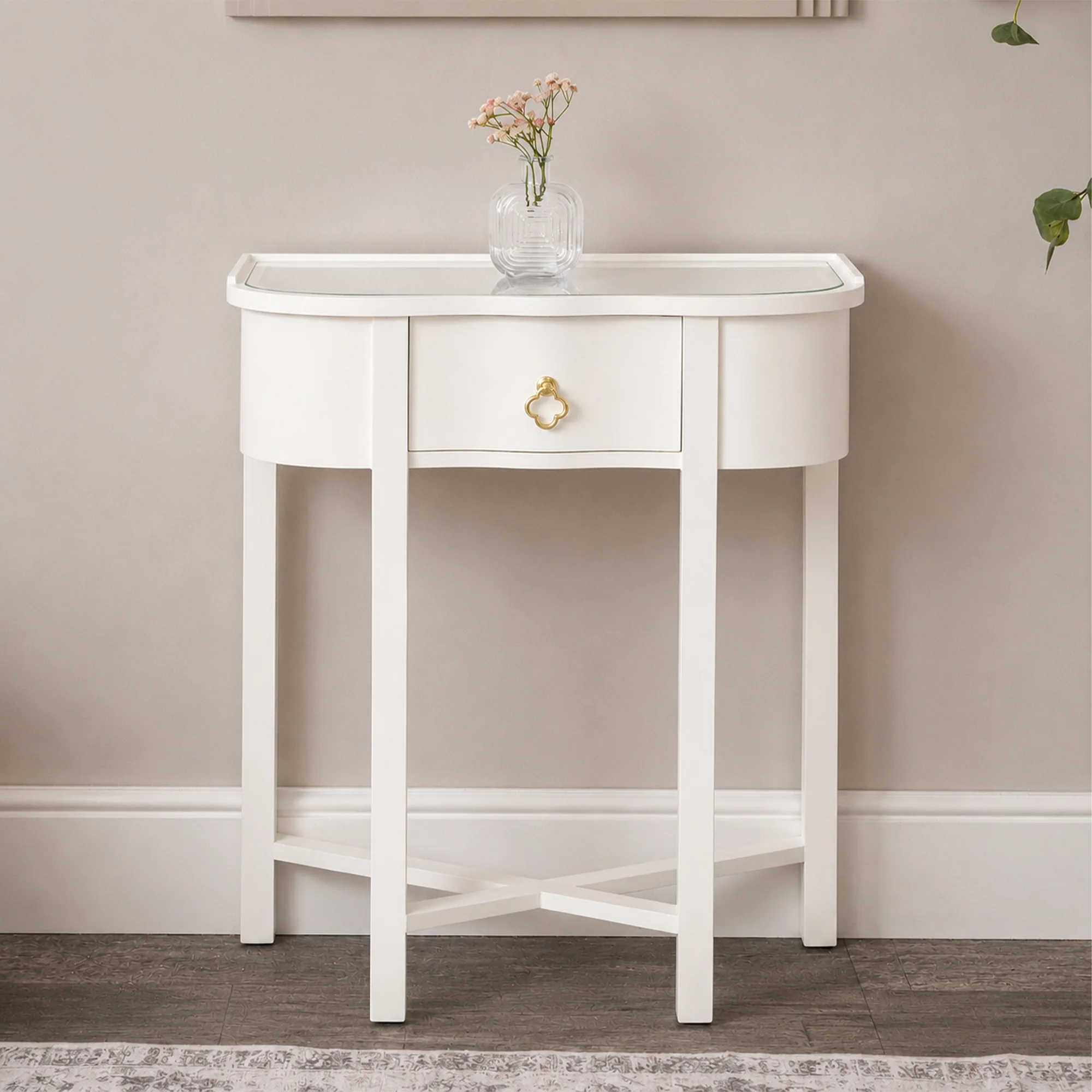 Modern One Drawer Half Moon Console Table with Hessian Glass Top - Austin White Range Healthy