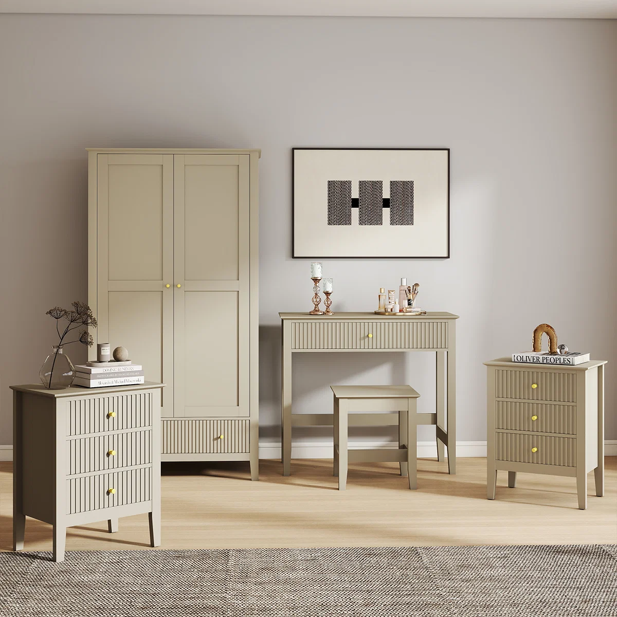 Safe Double Wardrobe Dressing Table Stool Pair of 3 Drawer Bedside Tables - Hales Taupe Range Crafted