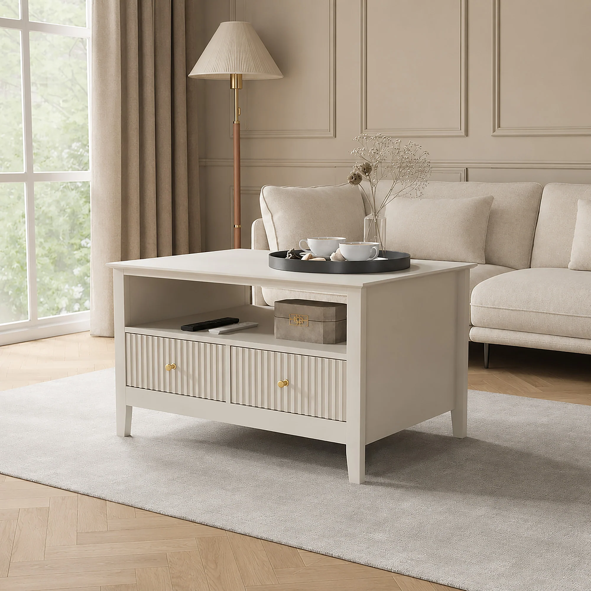 High-End Fluted Four Drawer One Shelf Coffee Table - Hales Taupe Range Expertly Made