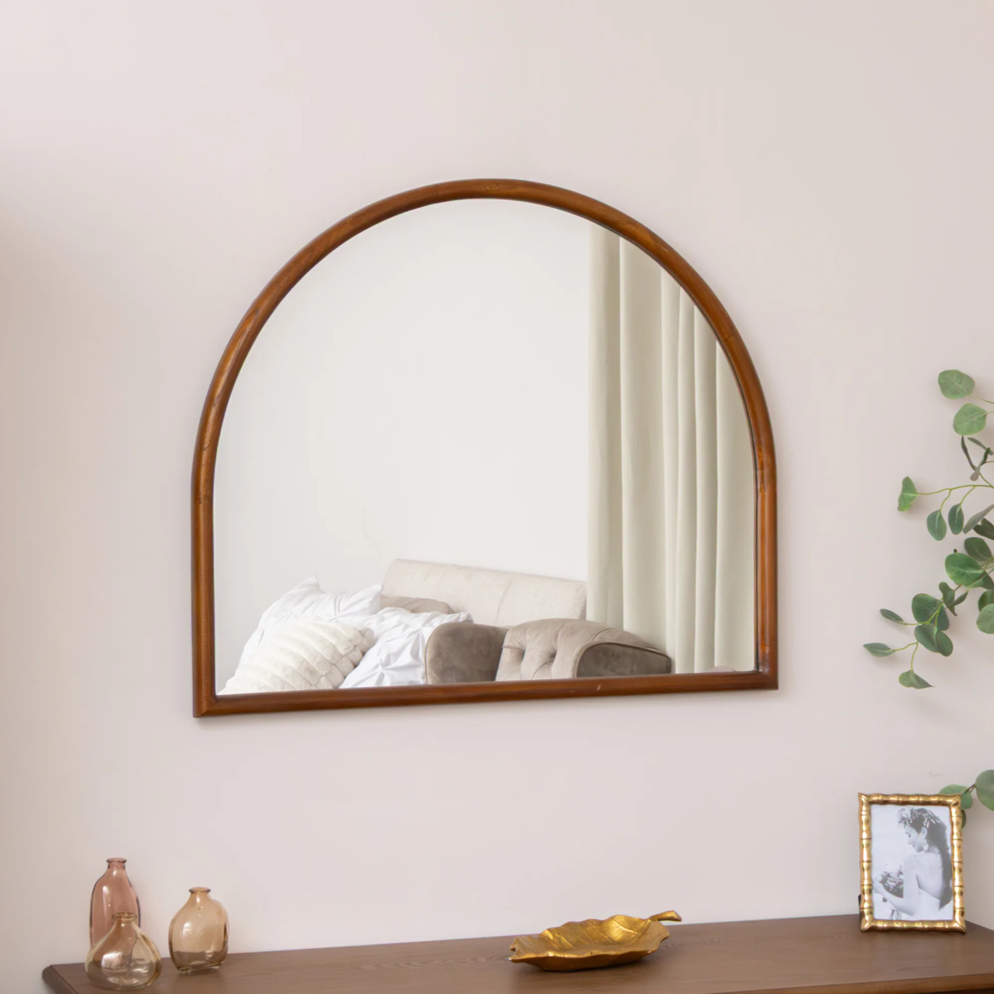 Artisan Dark Wood Framed Arched Wall Mantel Mirror - 90cm x 75cm - Ashwell Range Minimalist