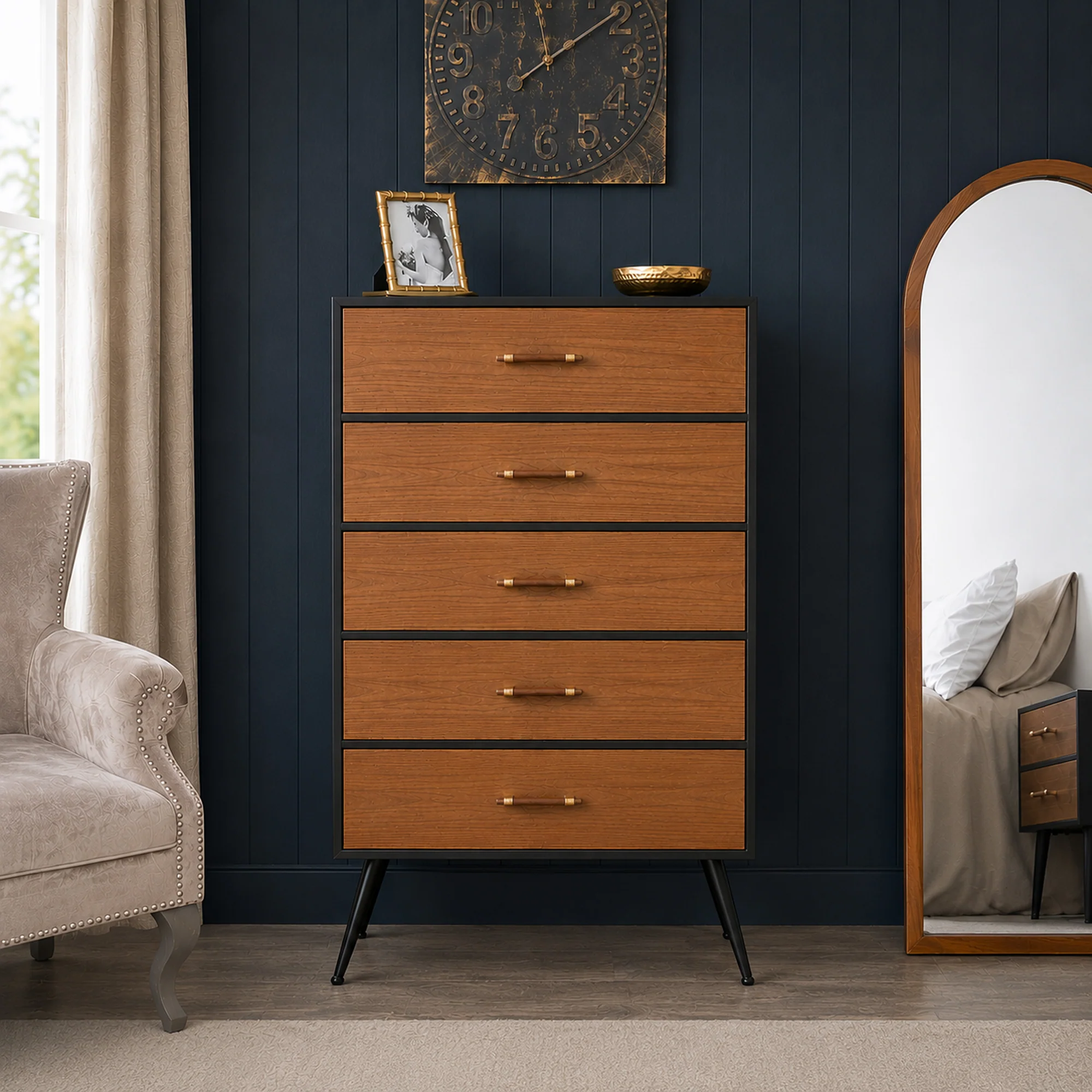 Original Design Wooden Black 5 Drawer Tallboy Chest of Drawers - Ludlow Range Organic