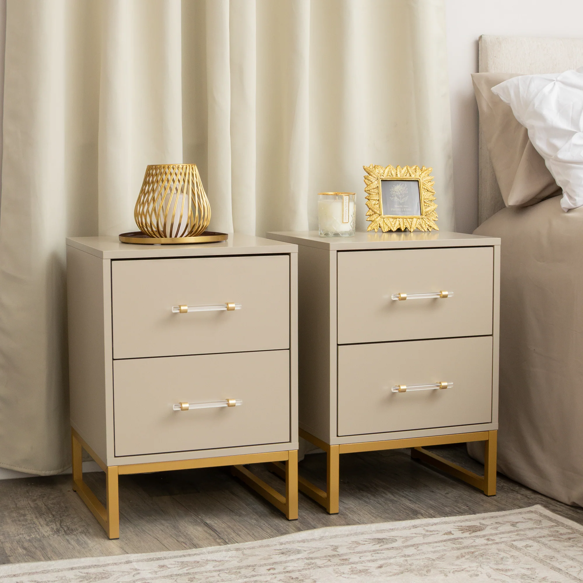 Soft Pair of Two Drawer Bedside Tables - Liana Taupe Range Optimized