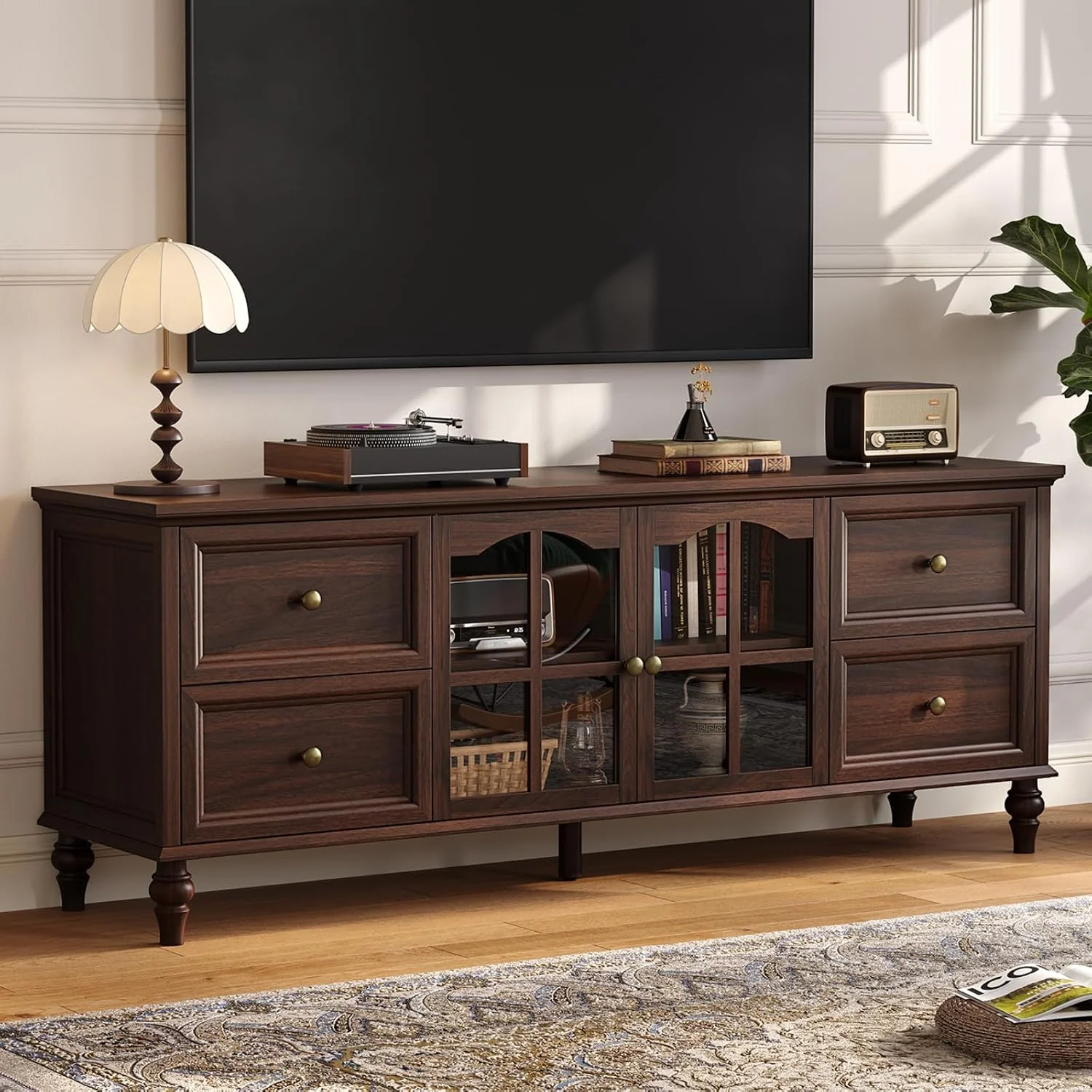 Trusted 62 Inch Farmhouse TV Stand Entertainment Center with Drawers Glass Doors Adjustable Shelves62 Inch Farmhouse TV Stand Entertainment Center with Drawers Glass Doors Adjustable Shelves Natural