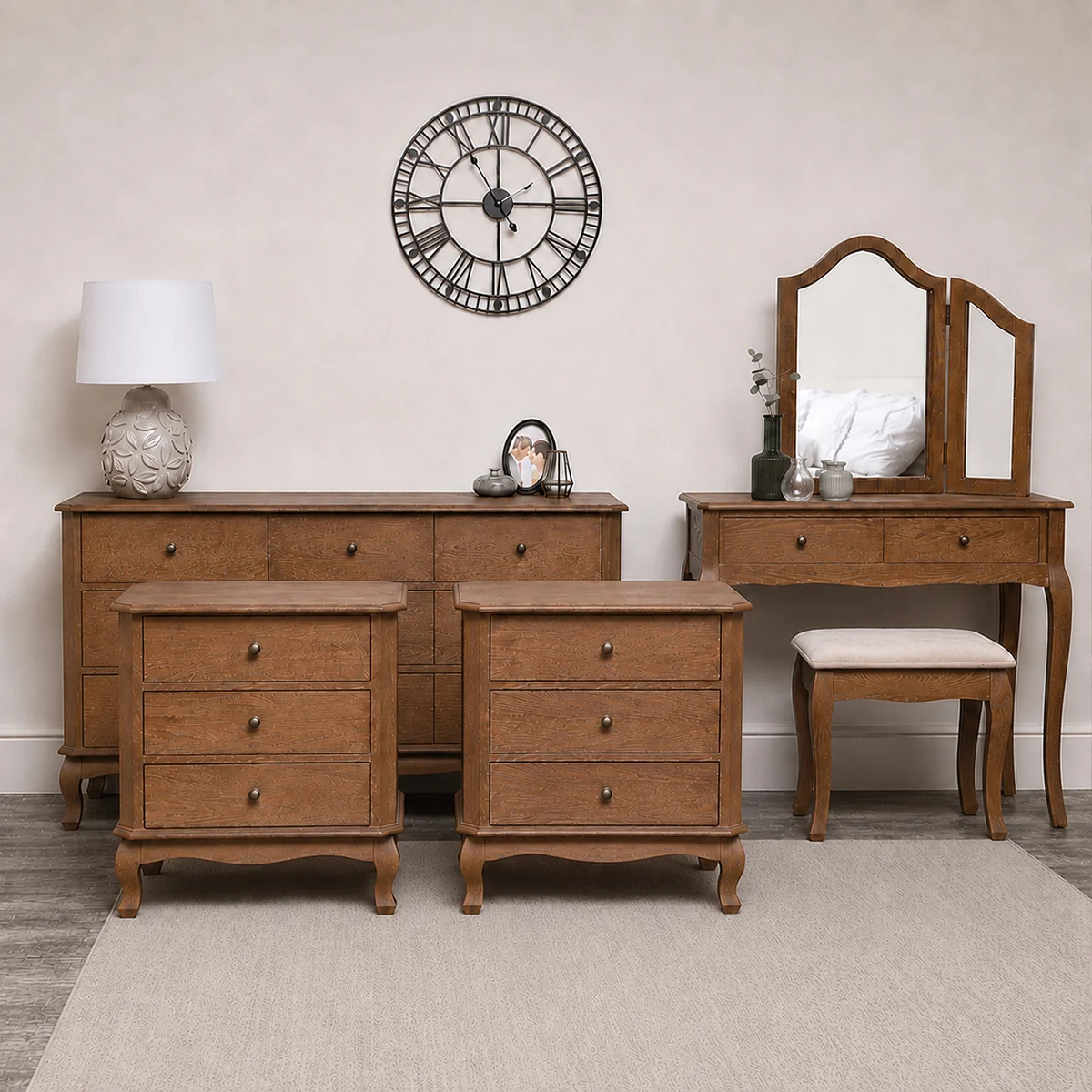 Functional Dark Wood Dressing Table Set Chest of Drawers Pair of Wide Bedside Tables - Ashwell Range Original Design