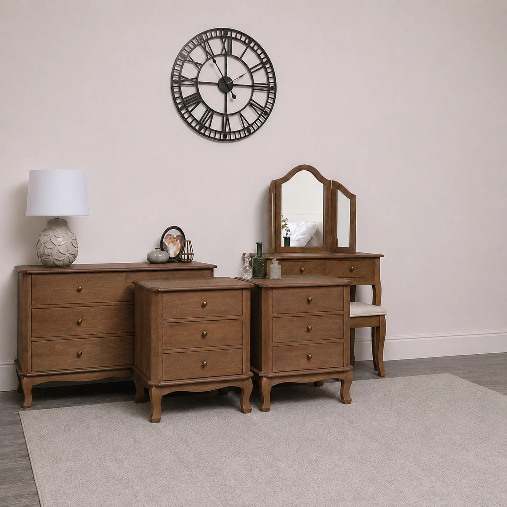Advanced Dark Wood Dressing Table Set Chest of 4 Drawers Pair of Wide Bedside Tables - Ashwell Range Sophisticated