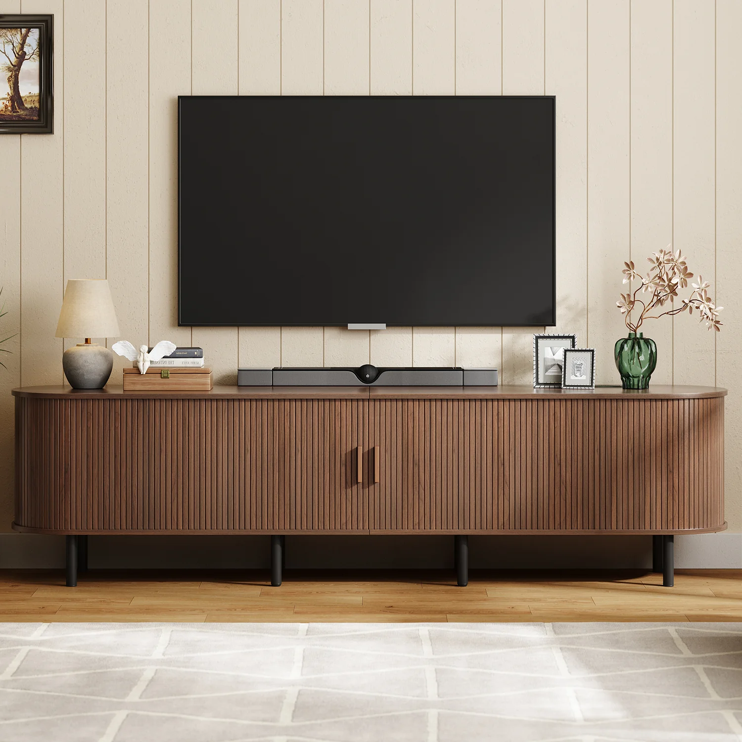 First-Class 86 Inch Fluted TV Stand for T up to 90 Inch Entertainment Center with Storage Adjustable Shelves Power Outlet86 Inch Fluted TV Stand for T up to 90 Inch Entertainment Center with Storage Adjustable Shelves Power Outlet Solid