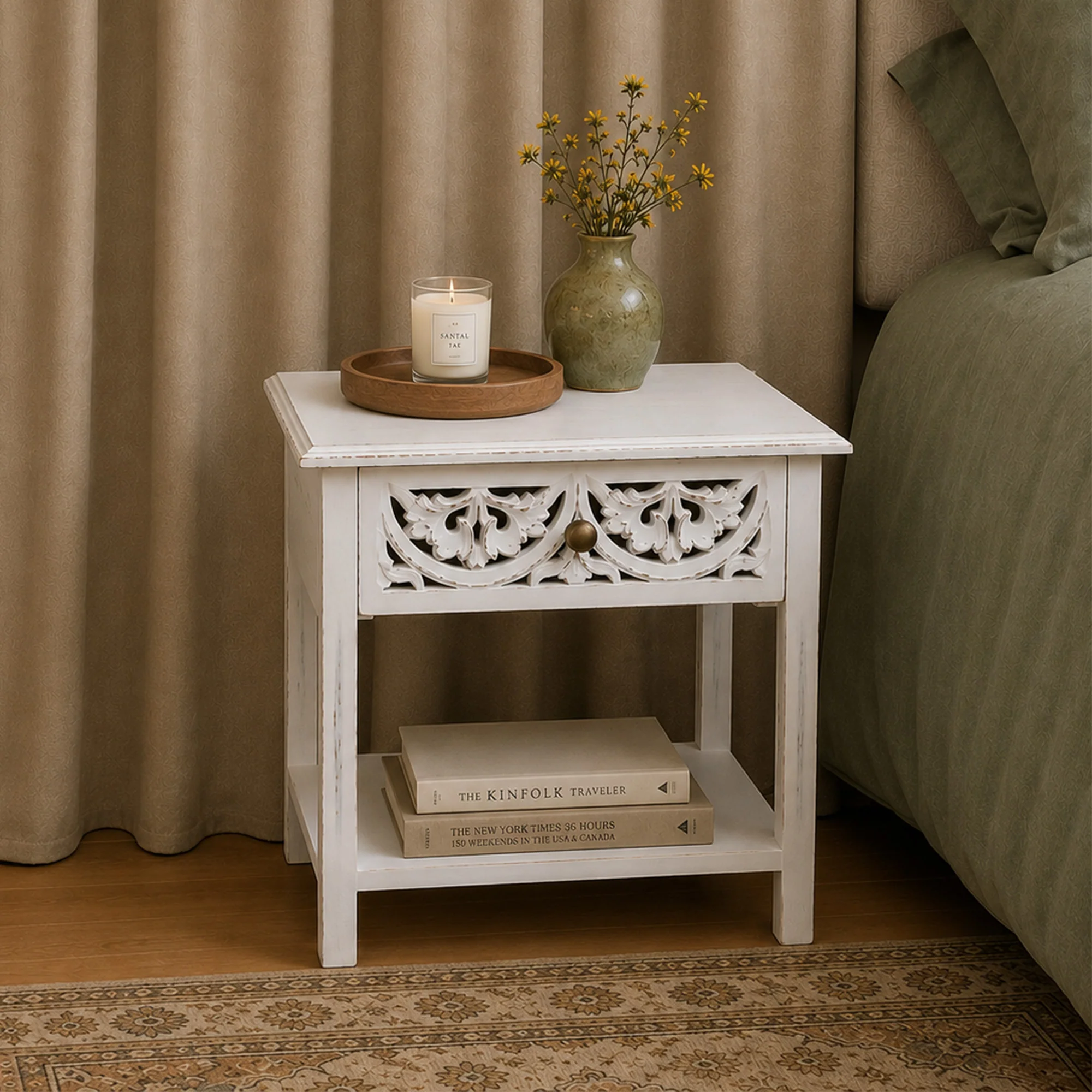 Premium Bohemian Distressed White Mango Wood One Drawer Bedside Table - Freya White Range Healthy