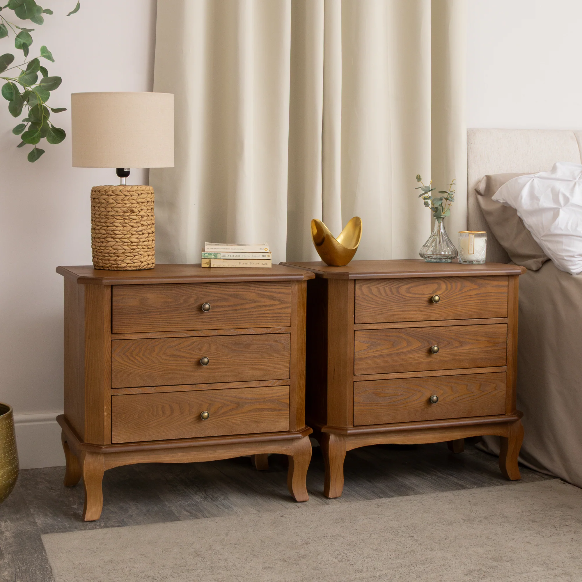 Smooth Pair of Dark Wood 3 Drawer Extra Wide Bedside Tables - Ashwell Range Exceptional