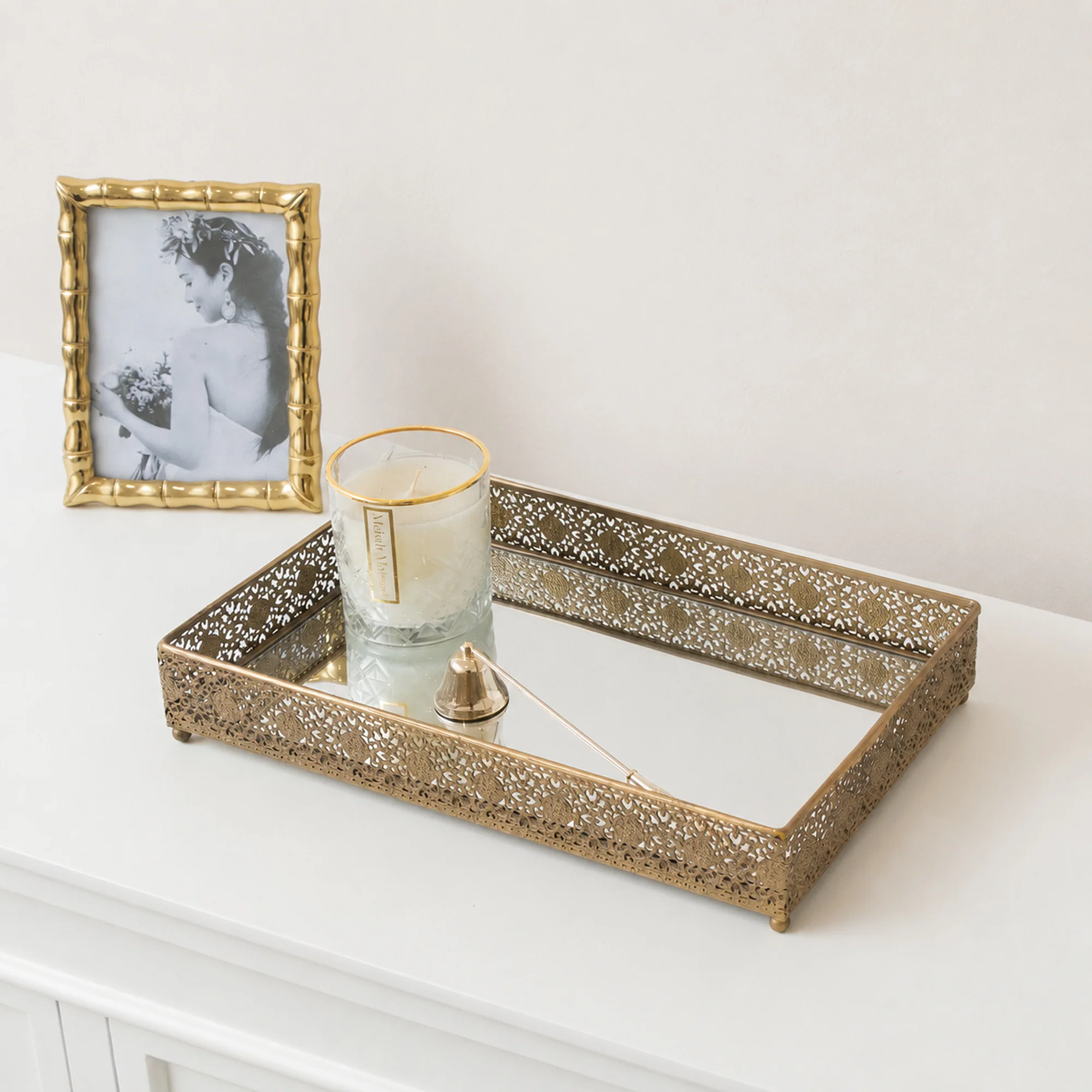 Exceptional Antique Gold Rectangular Mirrored Base Tray - 36cm Top-Quality