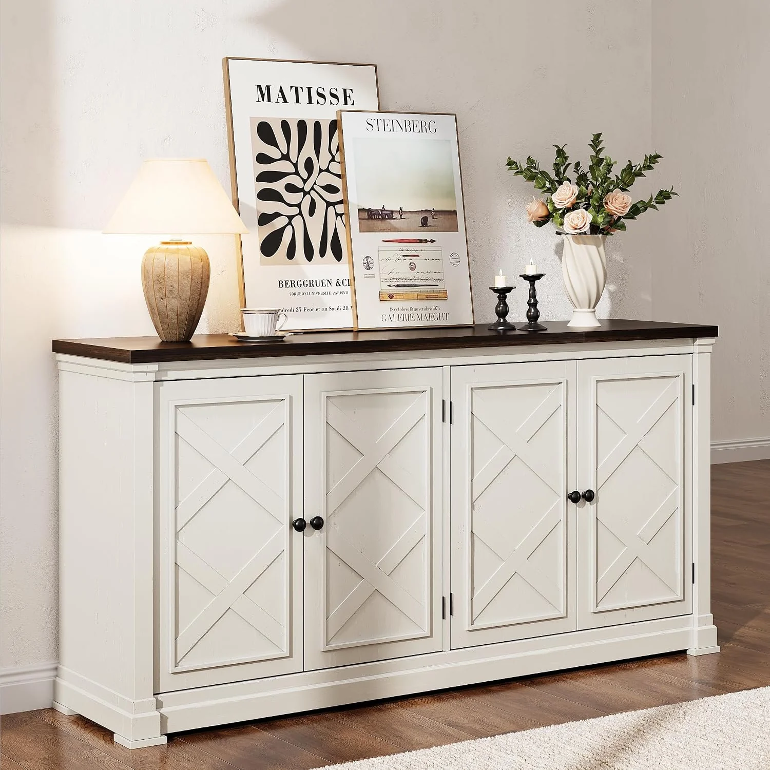 Durable 63 Inch Buffet Cabinet with Storage Farmhouse Sideboard Cabinet with 4 Barn Doors and Adjustable Shelves63 Inch Buffet Cabinet with Storage Farmhouse Sideboard Cabinet with 4 Barn Doors and Adjustable Shelves Effective