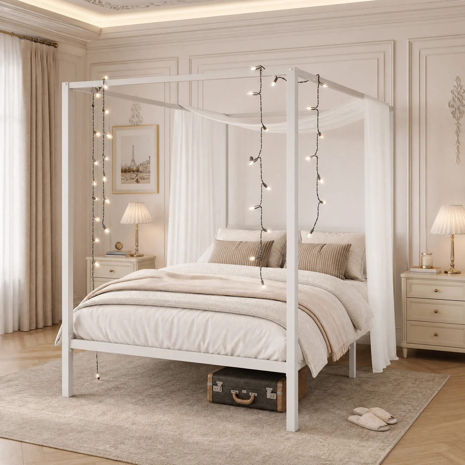 High-Quality Canopy Bed Frame with Heavy-Duty Metal Slats Four-Poster Metal Bed Frame with Under-Bed Storage No Box Spring NeededCanopy Bed Frame with Heavy-Duty Metal Slats Four-Poster Metal Bed Frame with Under-Bed Storage No Box Spring Needed Proven