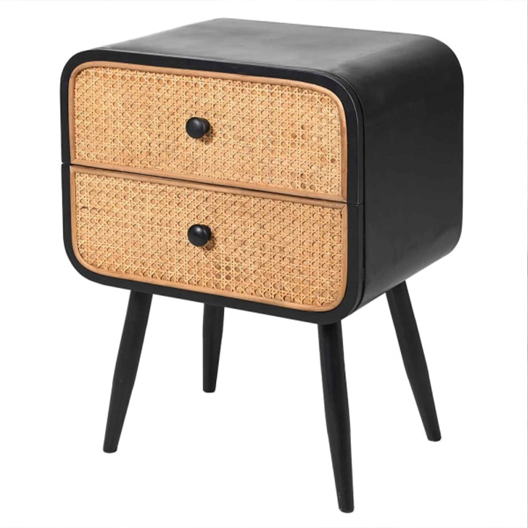 High-Quality Black Rattan 2 Drawer Bedside Table Eco-Friendly