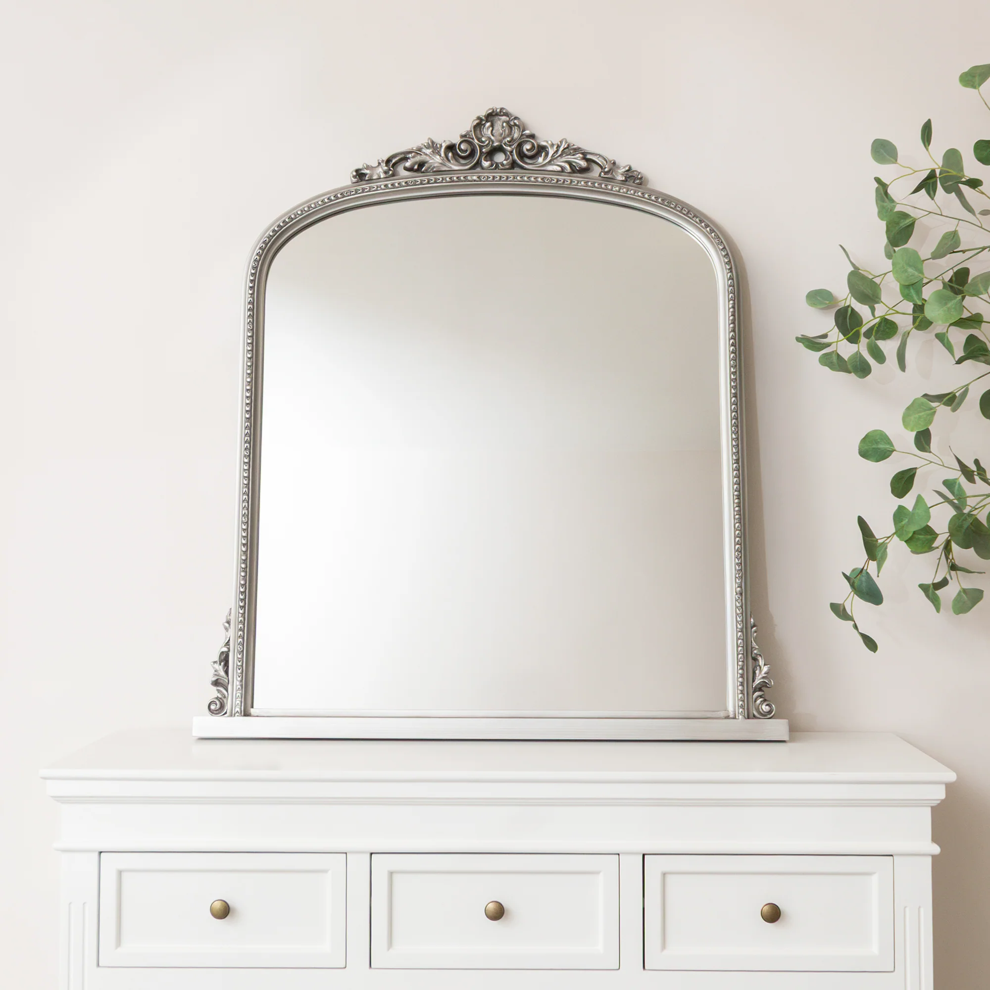 Original Antique Silver Ornate Arch Overmantle Mirror - 88cm x 100cm Effective