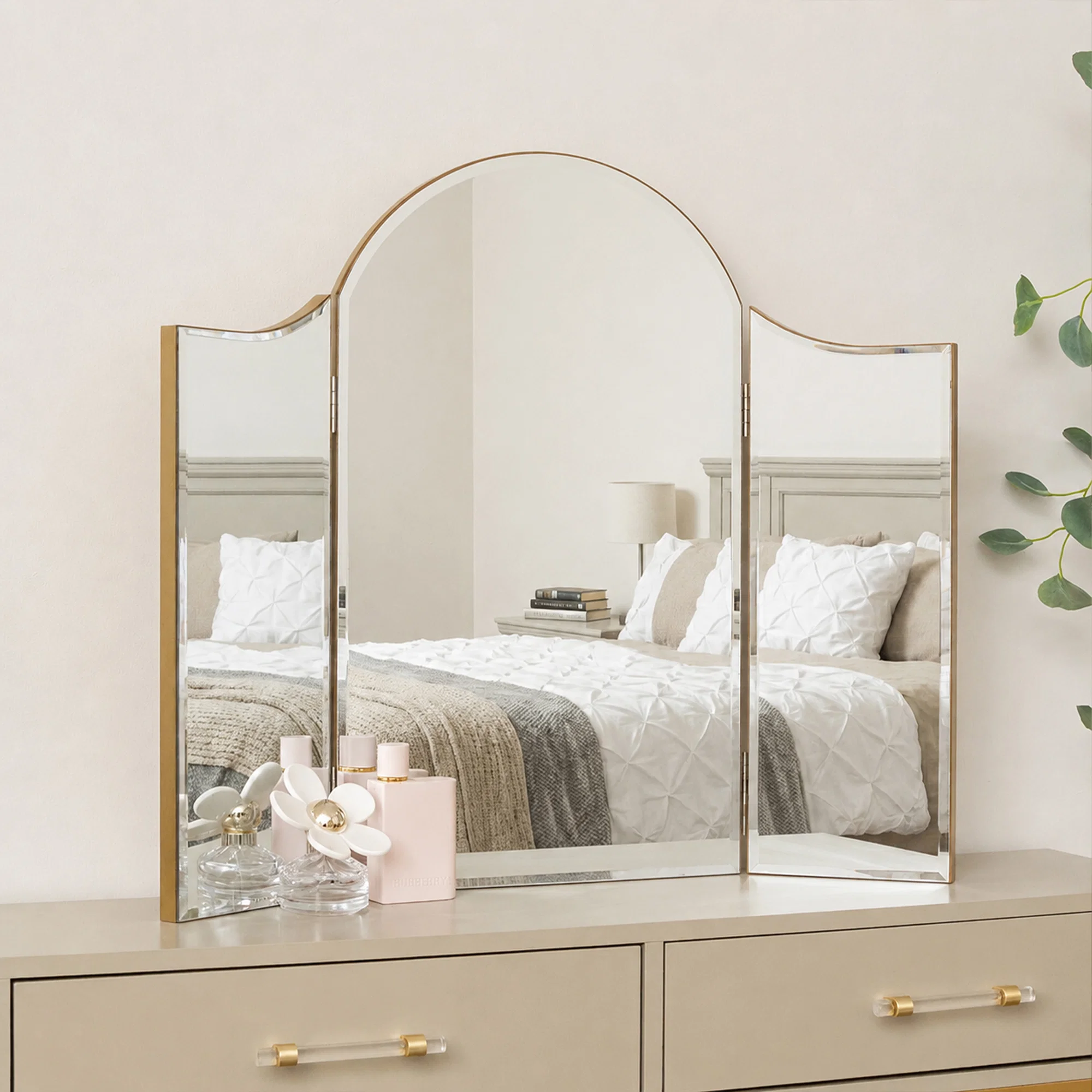 Sustainable Arched Gold Vintage Triple Dressing Table Mirror - Liana Range Stylish