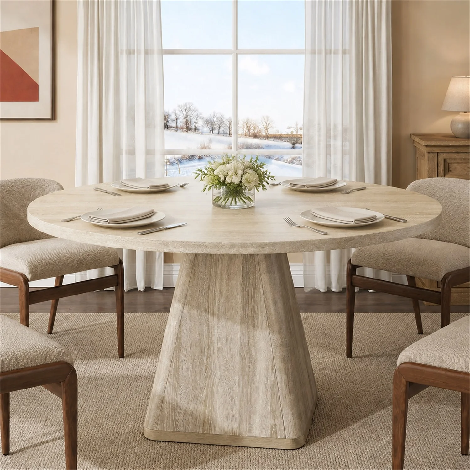 Eco-Friendly 47-Inch Round Dining Table for 4–6 Modern Pedestal Kitchen Table with Thick Tabletop47-Inch Round Dining Table for 4–6 Modern Pedestal Kitchen Table with Thick Tabletop Lightweight