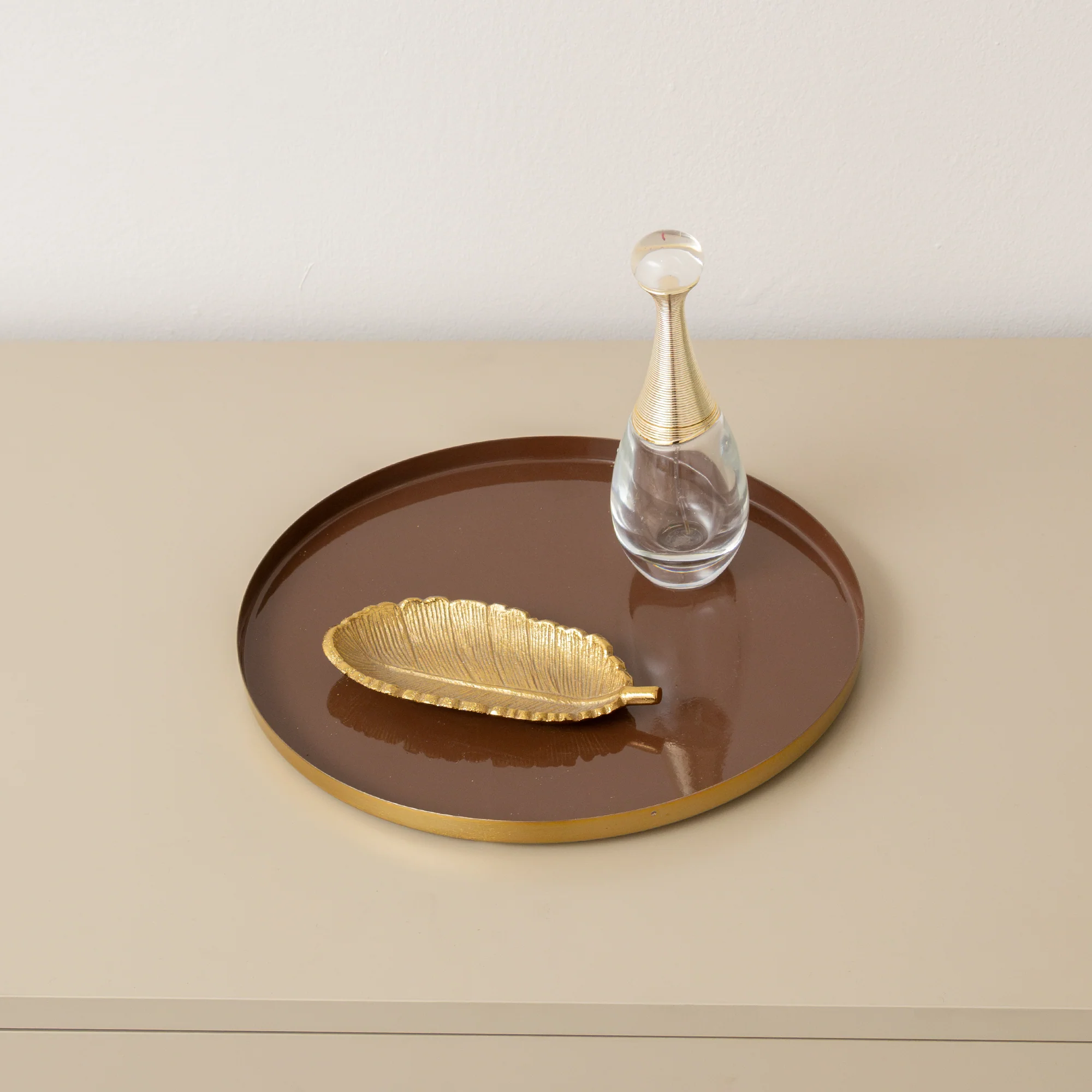 Versatile Round Metal Cappuccino Brown Gold Display Tray Organic