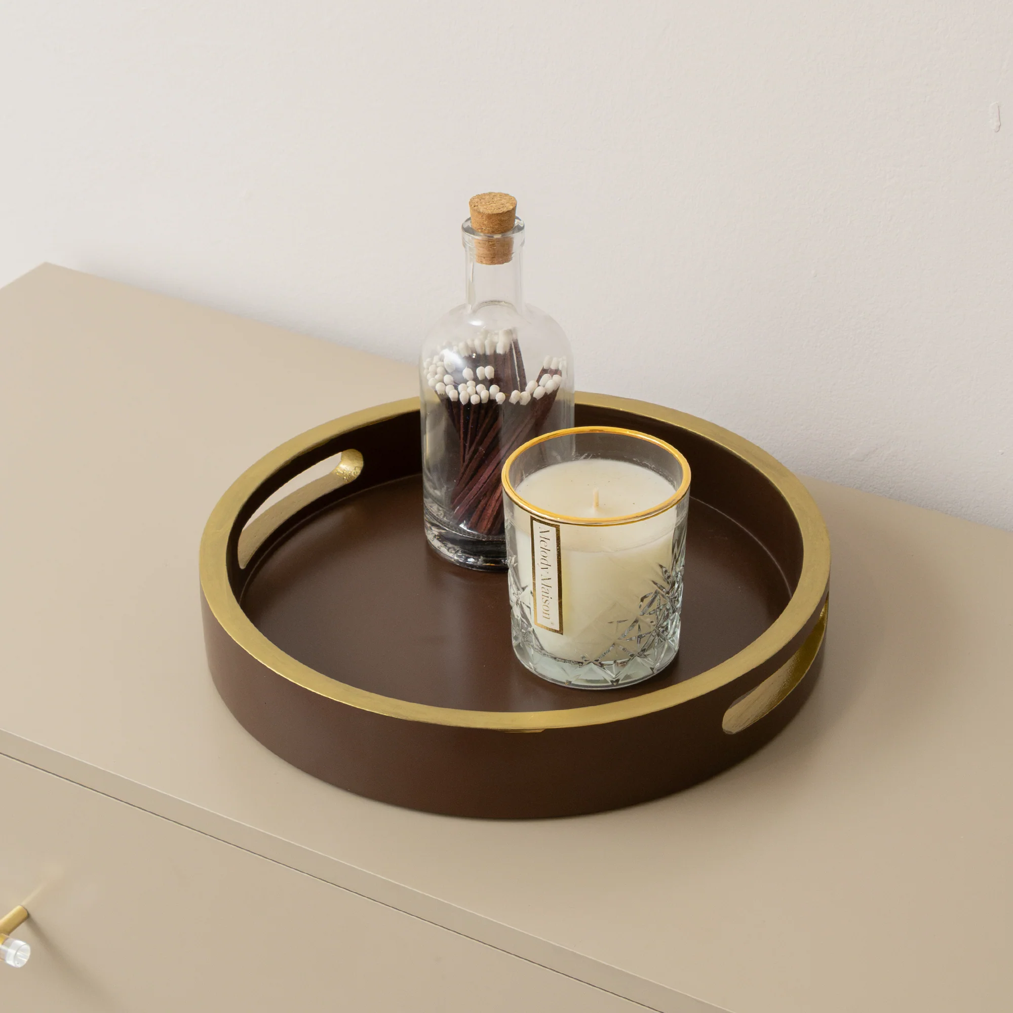 Excellent Large Round Dark Wood Gold Decorative Tray Traditional