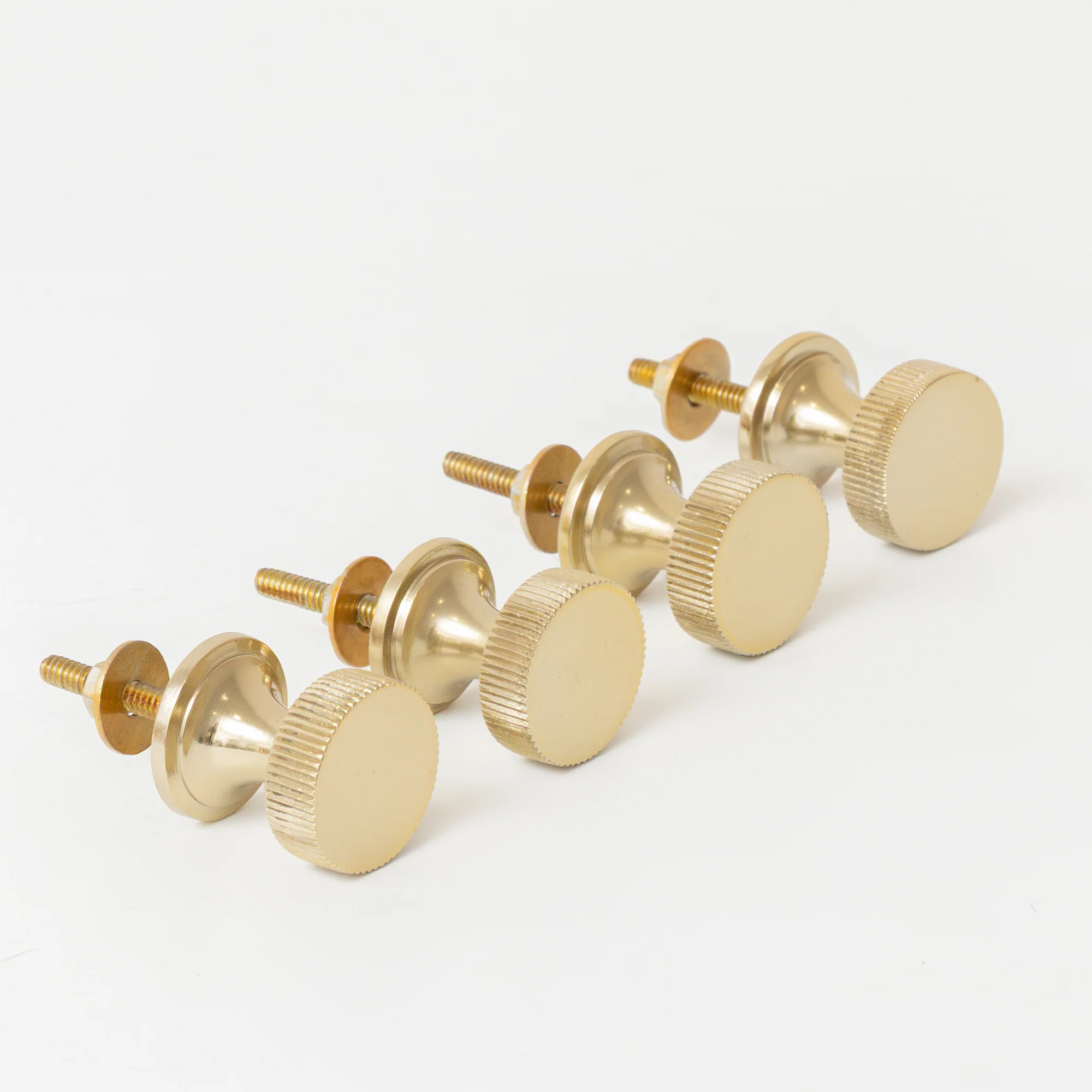Artisan Set of 4 Shiny Gold Ribbed Edge Round Drawer Knobs Premium Material