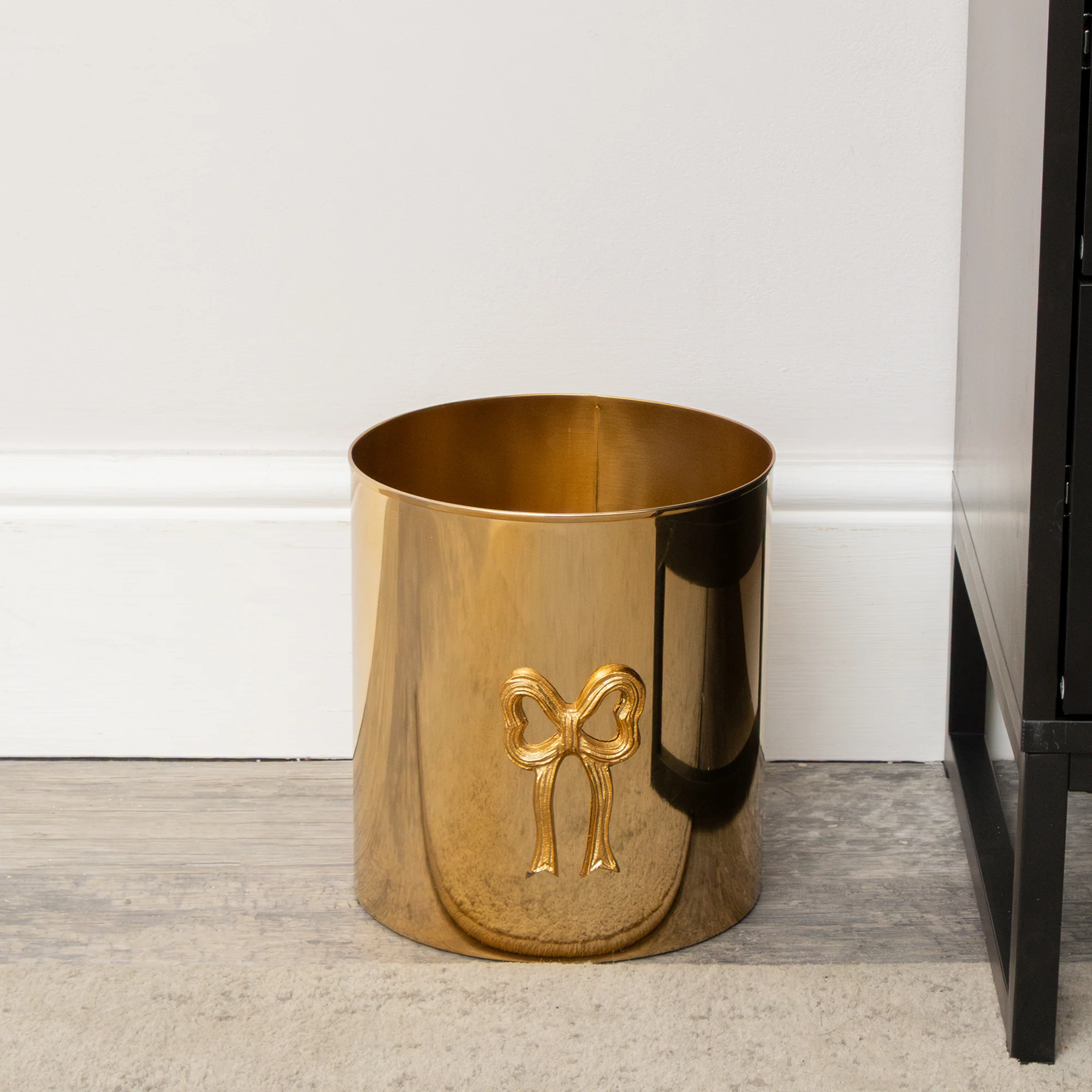 Reusable Round Shiny Gold Metal Bow Waste Bin Fast