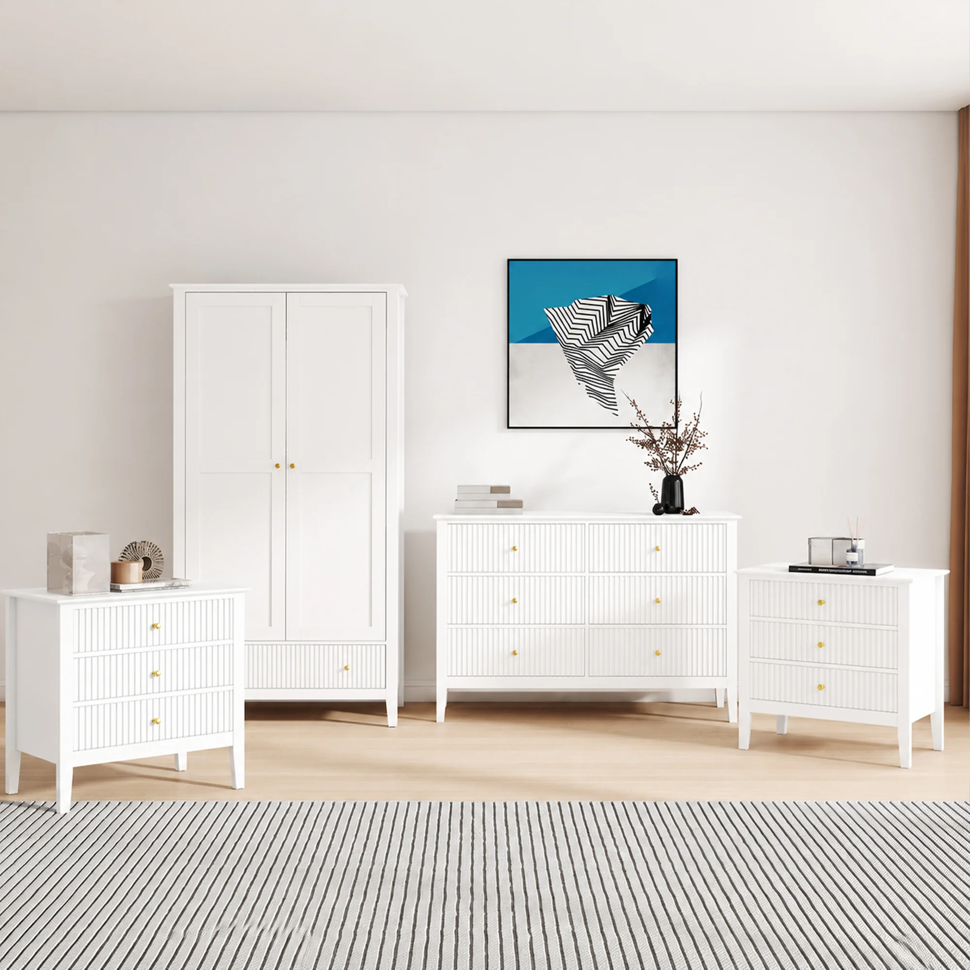 Premium Material Double Wardrobe Large 6 Drawer Chest Of Drawers and Pair of Large Bedside Tables - Hales White Range Easy-to-Use
