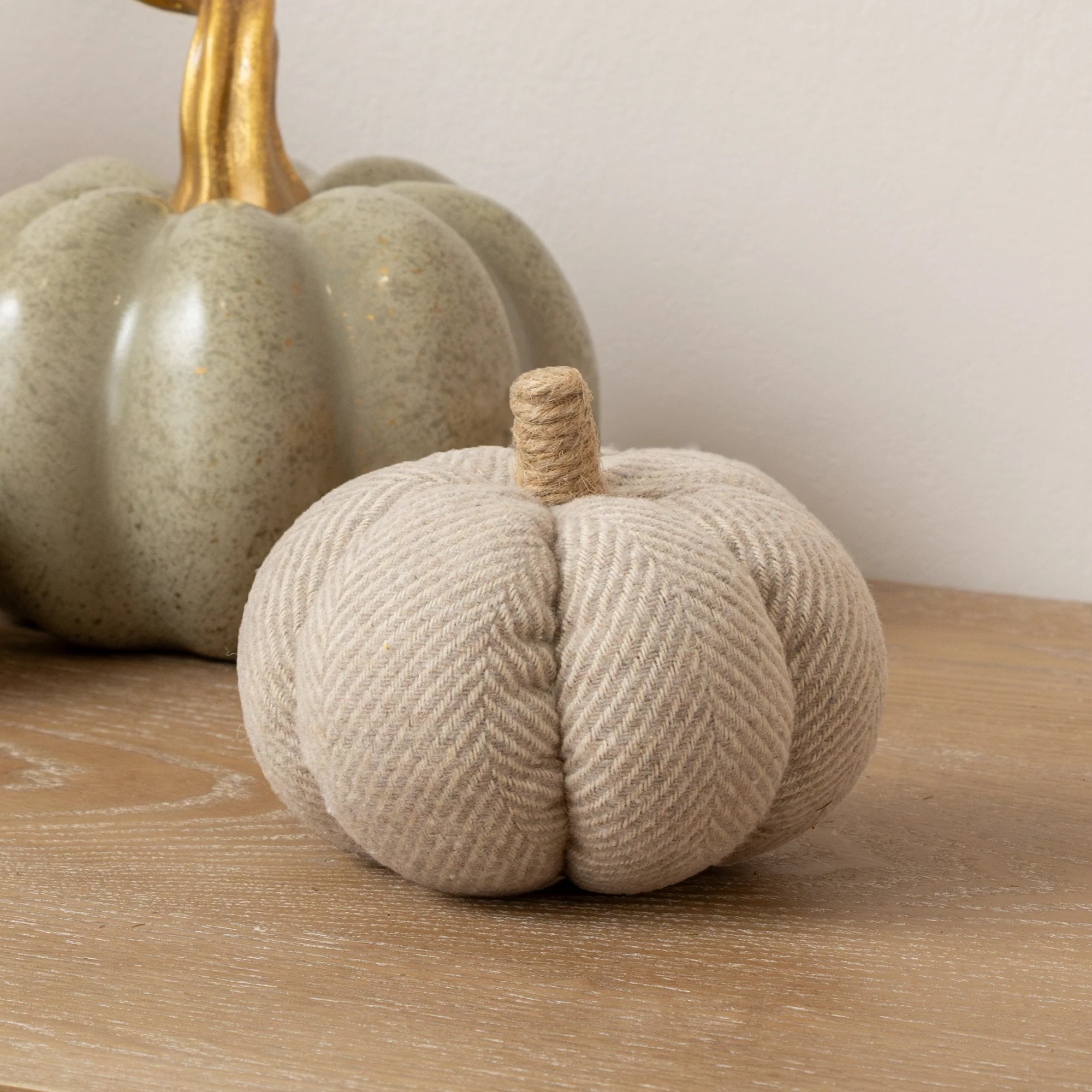 Contemporary Small Grey Fabric Herringbone Pumpkin Ornament - 11cm x 9cm Superior