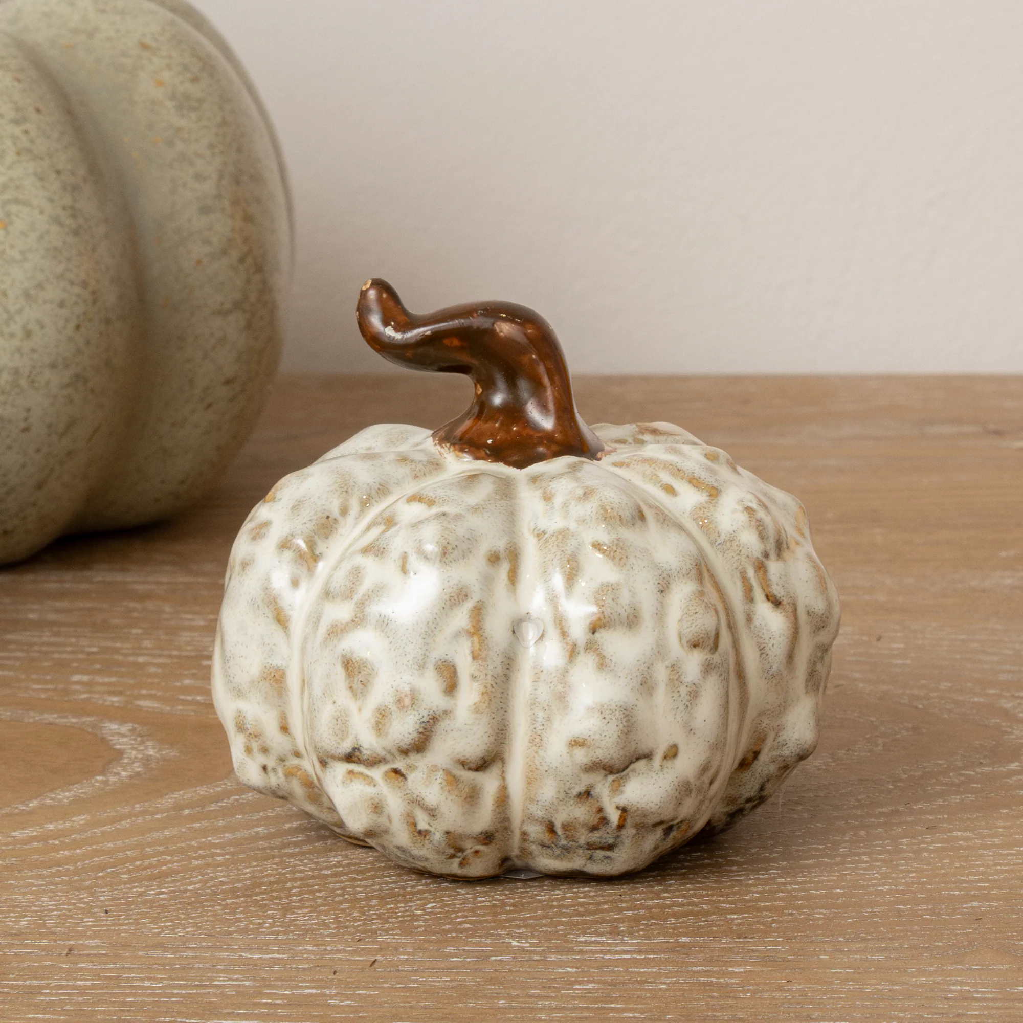 Natural Small Cream Brown Glazed Wonky Pumpkin Ornament - 9cm High-Quality