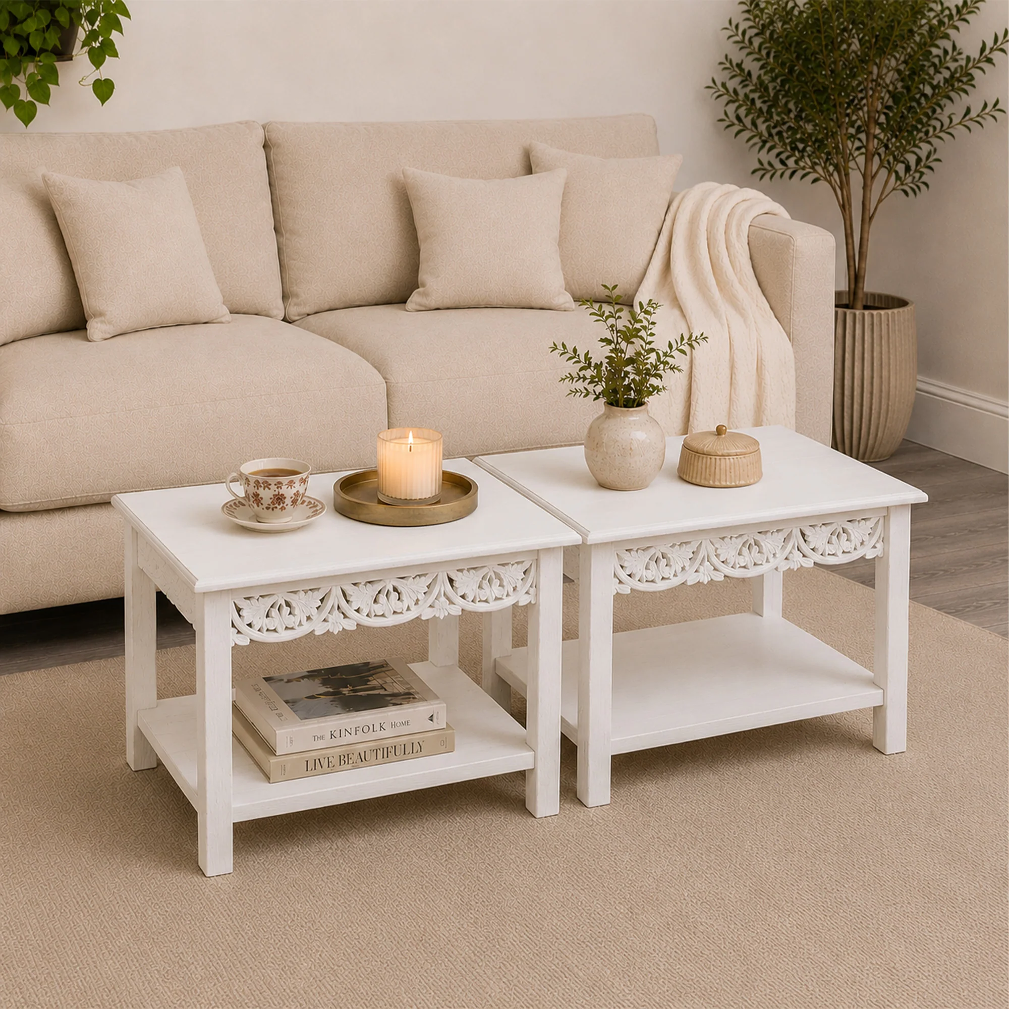 Authentic Pair of Bohemian White Distressed Mango Wood Side Coffee Tables - Freya White Range Verified