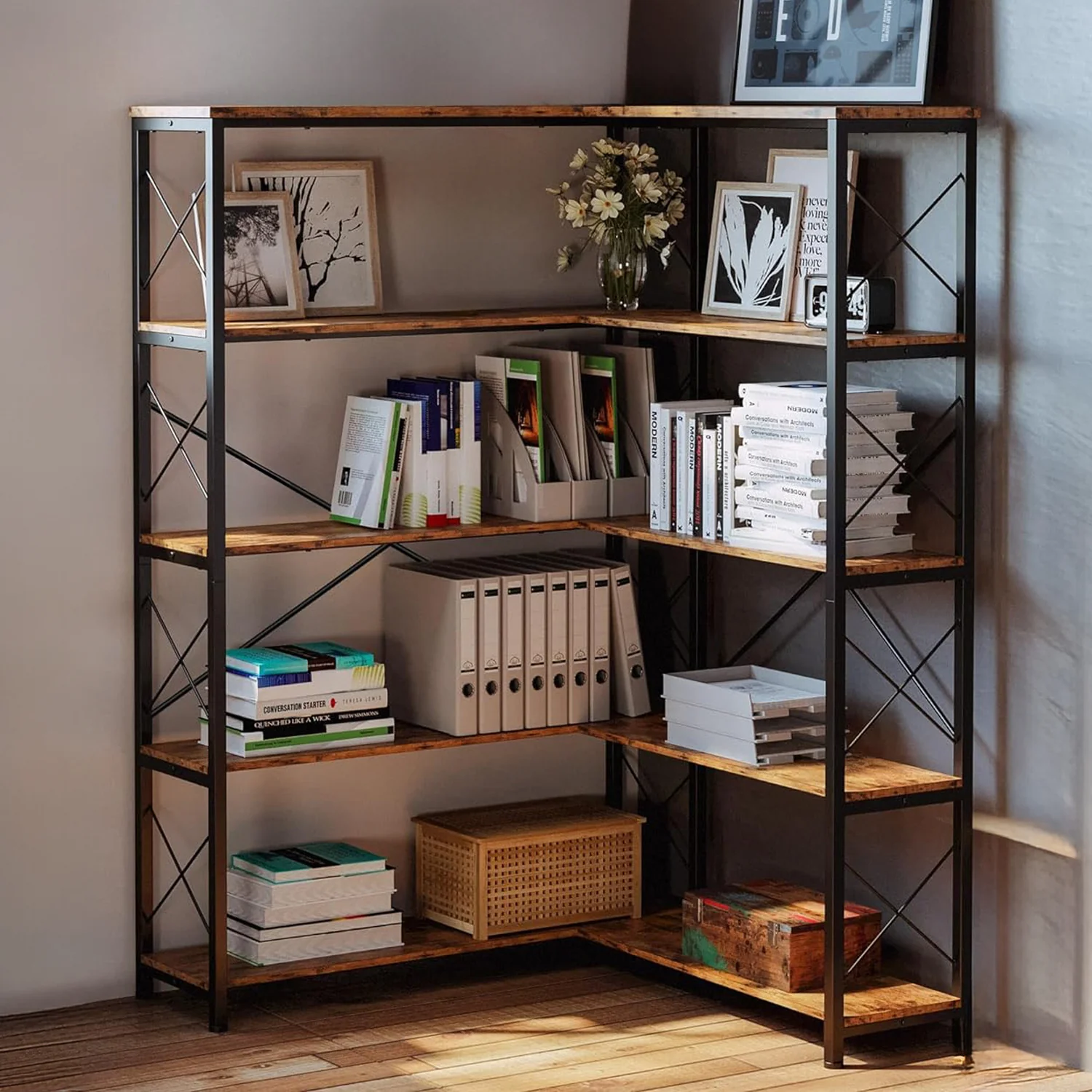 Green Corner Bookshelf 5 Tiers 6 Tiers Industrial Bookcases Shelf Storage Rack with Metal FrameCorner Bookshelf 5 Tiers 6 Tiers Industrial Bookcases Shelf Storage Rack with Metal Frame Innovative