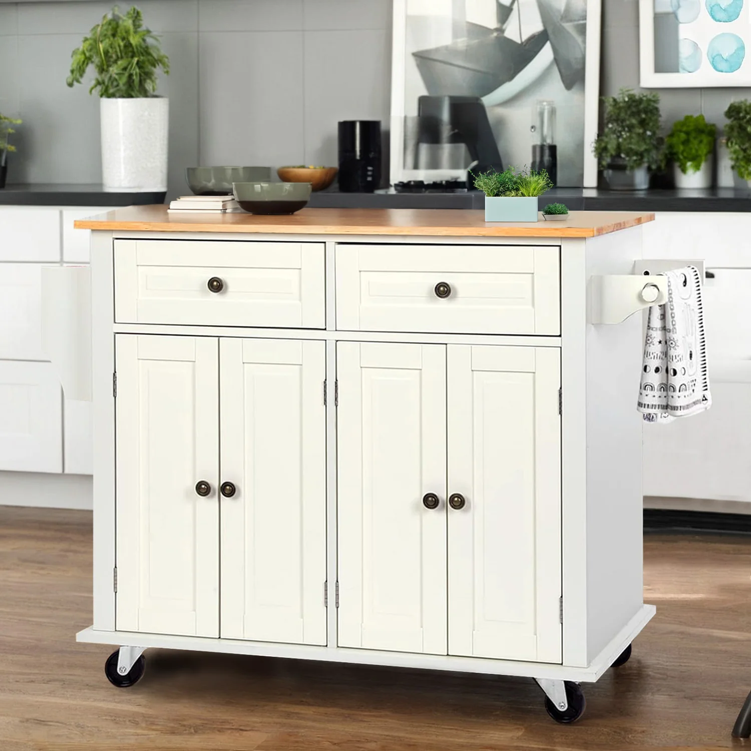 Smooth Wide Rolling Kitchen Island 43.3 Inches with Storage Solid Wood Top and Locking WheelsWide Rolling Kitchen Island 43.3 Inches with Storage Solid Wood Top and Locking Wheels Next-Generation