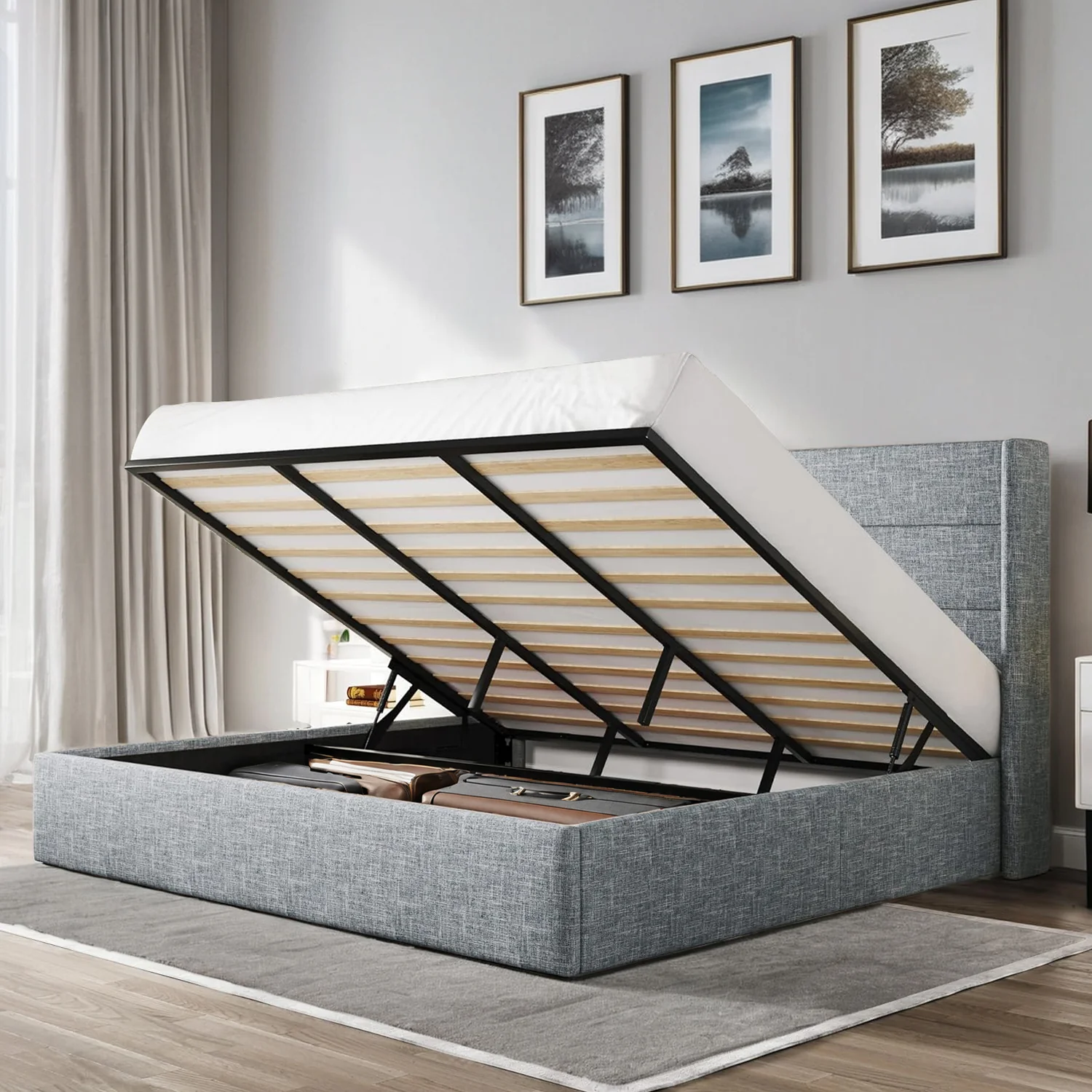 Consistent Lift Up Storage Bed Frame Hydraulic Storage with Modern Wingback Headboard No Box Spring RequiredLift Up Storage Bed Frame Hydraulic Storage with Modern Wingback Headboard No Box Spring Required Outstanding